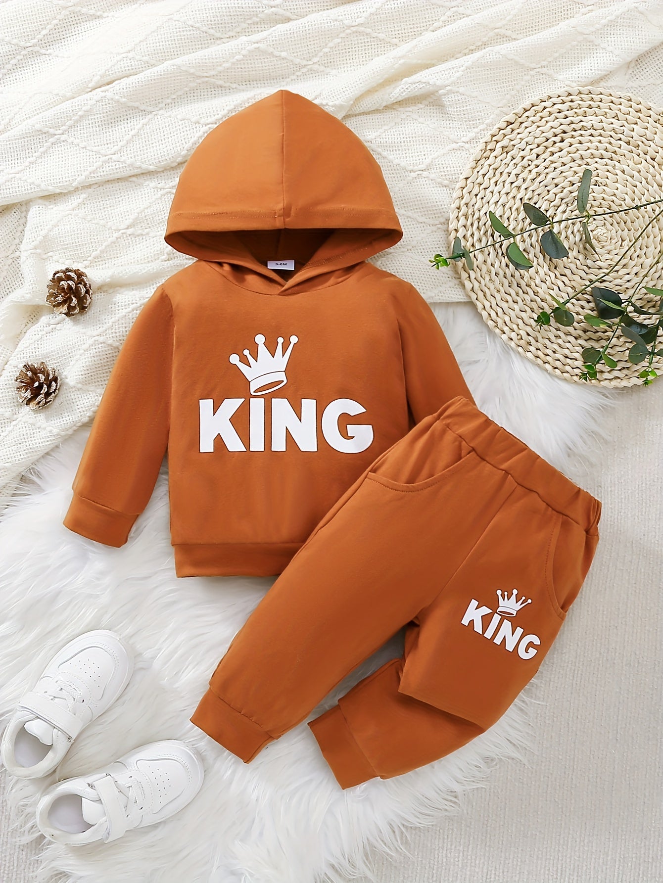 Baby Boy's Casual Fashion Outfit Hooded KING Print  Long Sleeve Sweatshirt + Pants Set