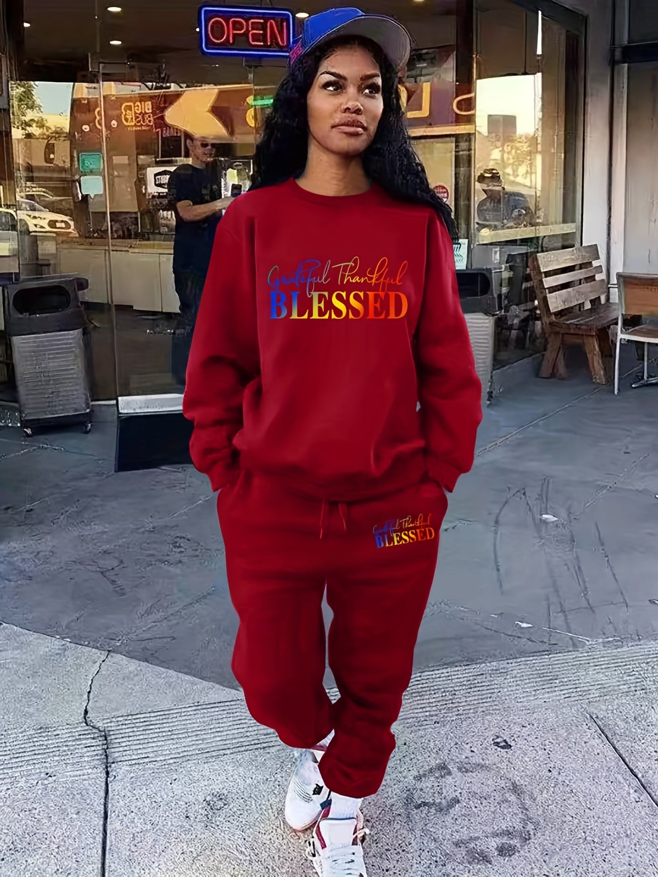 Blessed Letter Print Casual Two-piece Set, Crew Neck Long Sleeve Tops & Drawstring Jogger Pants Outfits, Women's Clothing