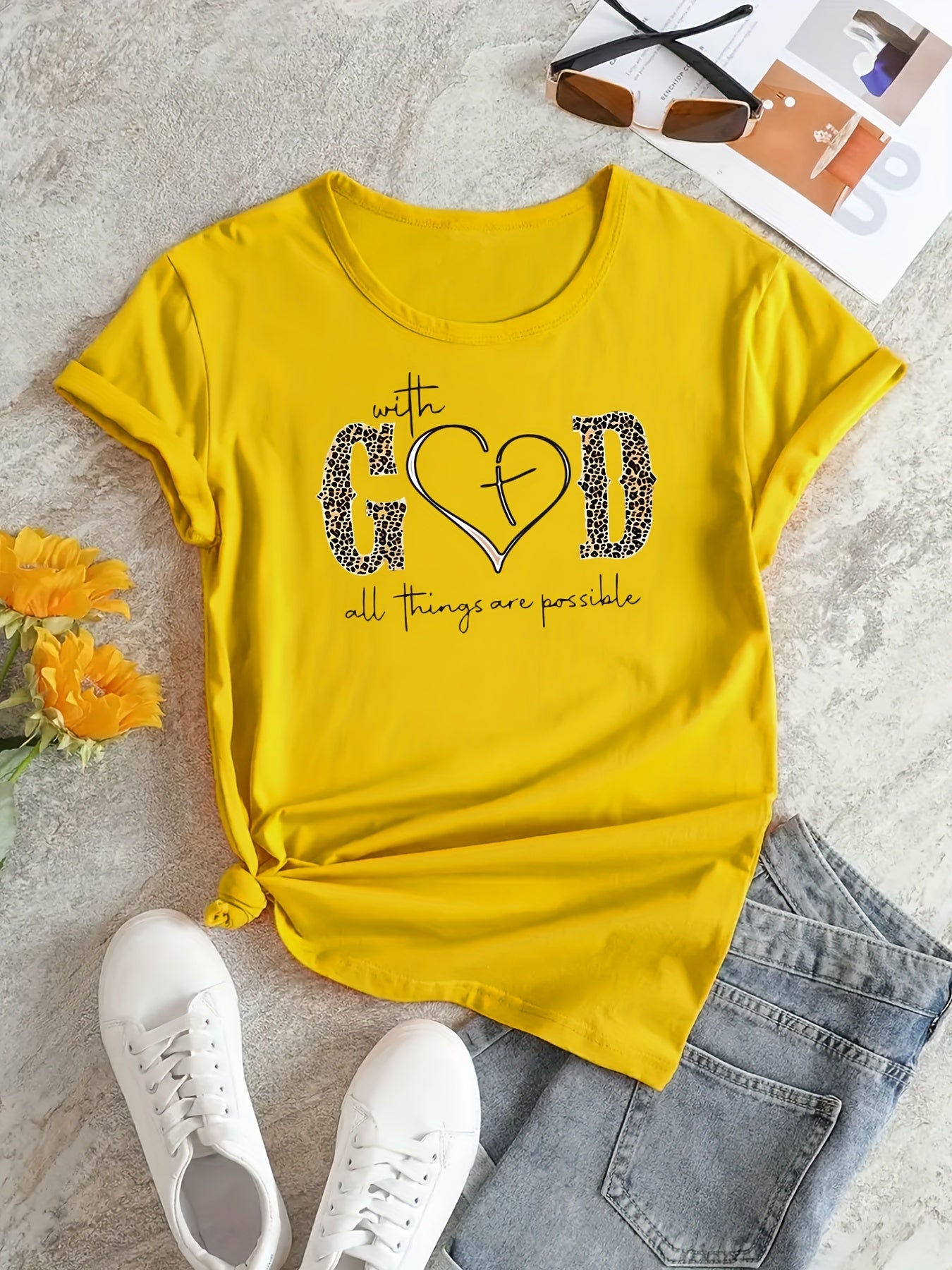 With God Print Summer Short Sleeve Crew Neck Casual Top