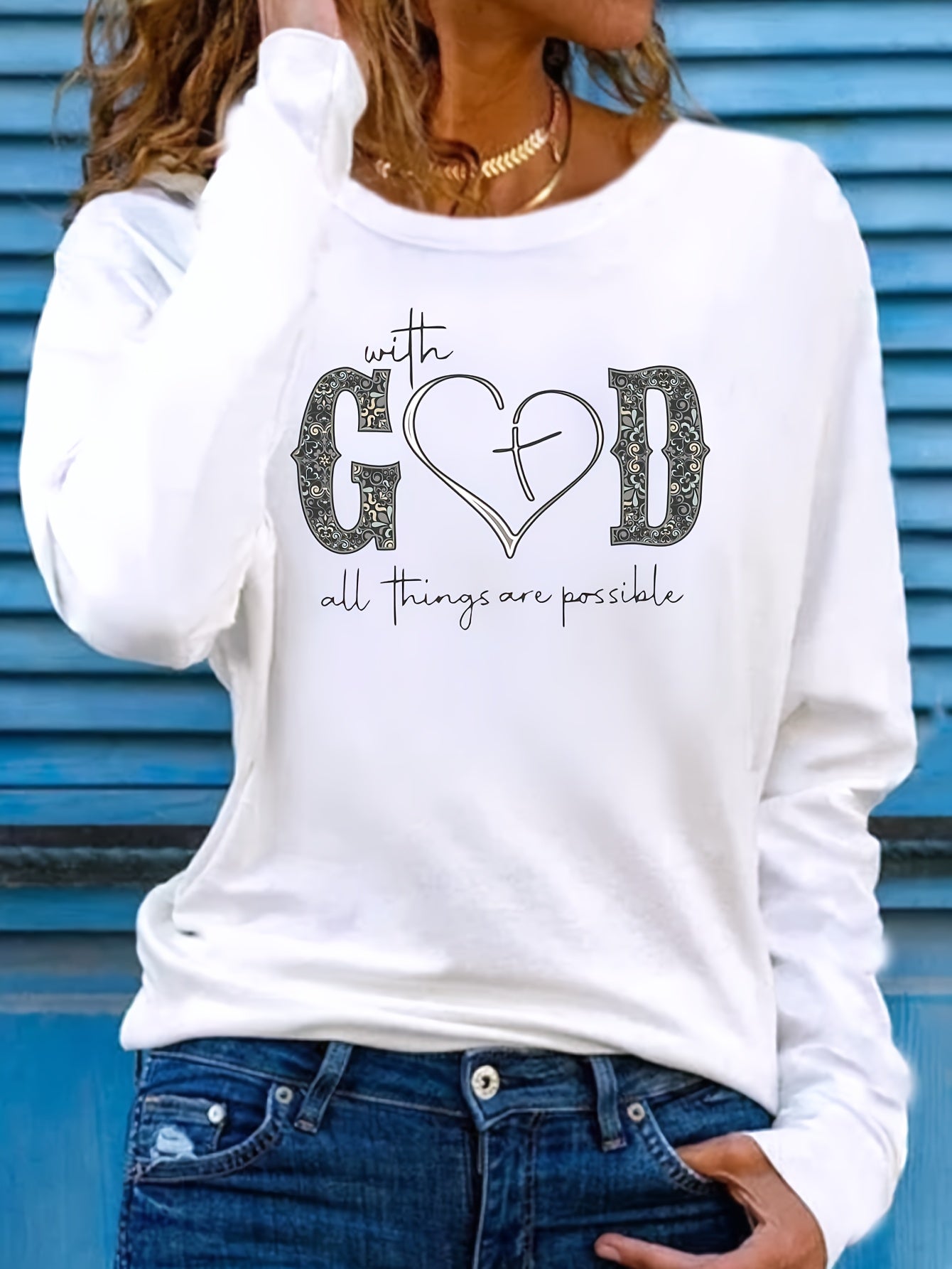 With God Letter Print Casual Crew Neck Long Sleeve Top