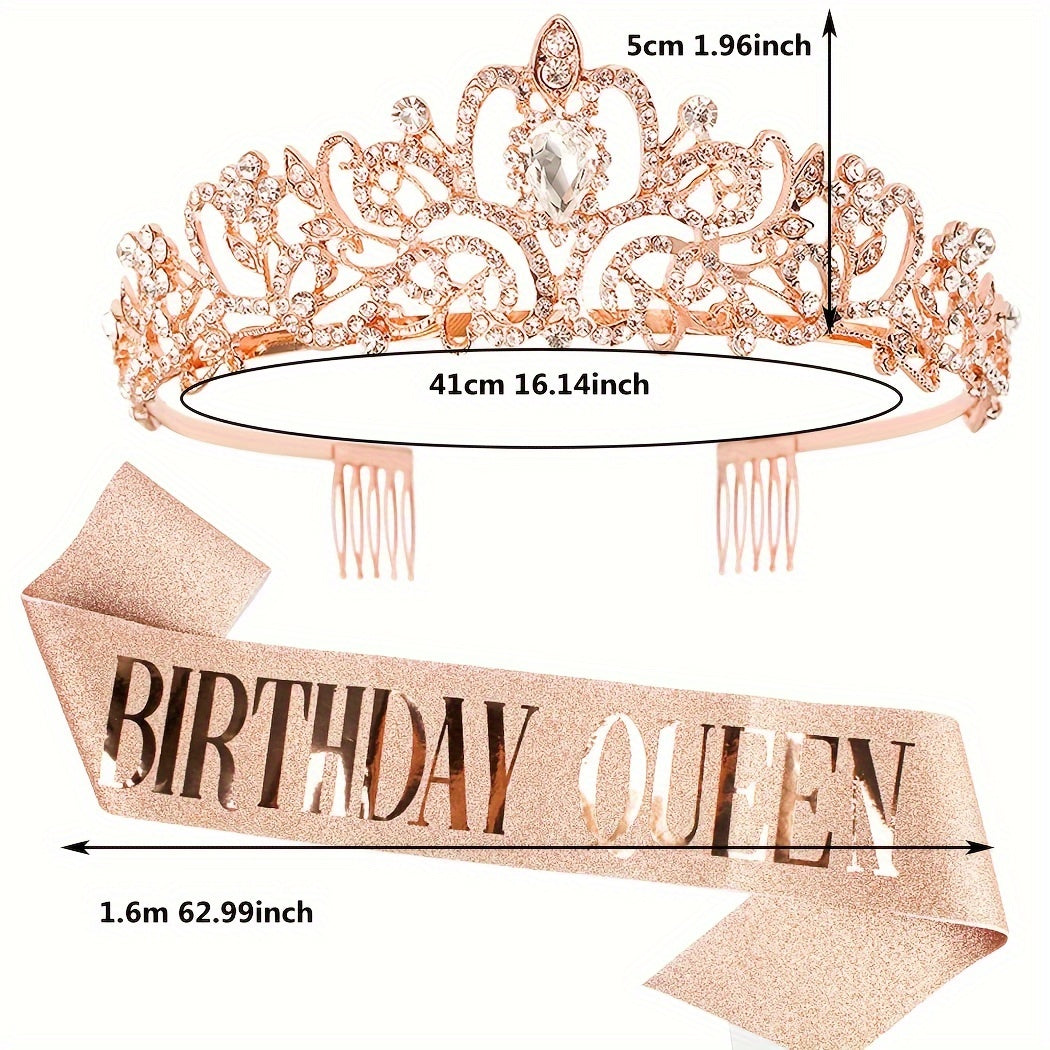 Birthday Party Dress Up Set, Including Birthday Crown And Sash For Girls, Birthday Decorations Set, Rhinestone Headband Hair Accessories Glitter Sash