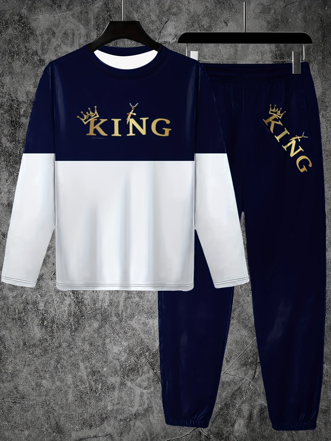 Crown And ''KING'' Pattern, Men's 2 Piece Outfits, Color Block Comfy Long Sleeve T-shirt And Casual Loose Sweatpants Set, Men's Clothing
