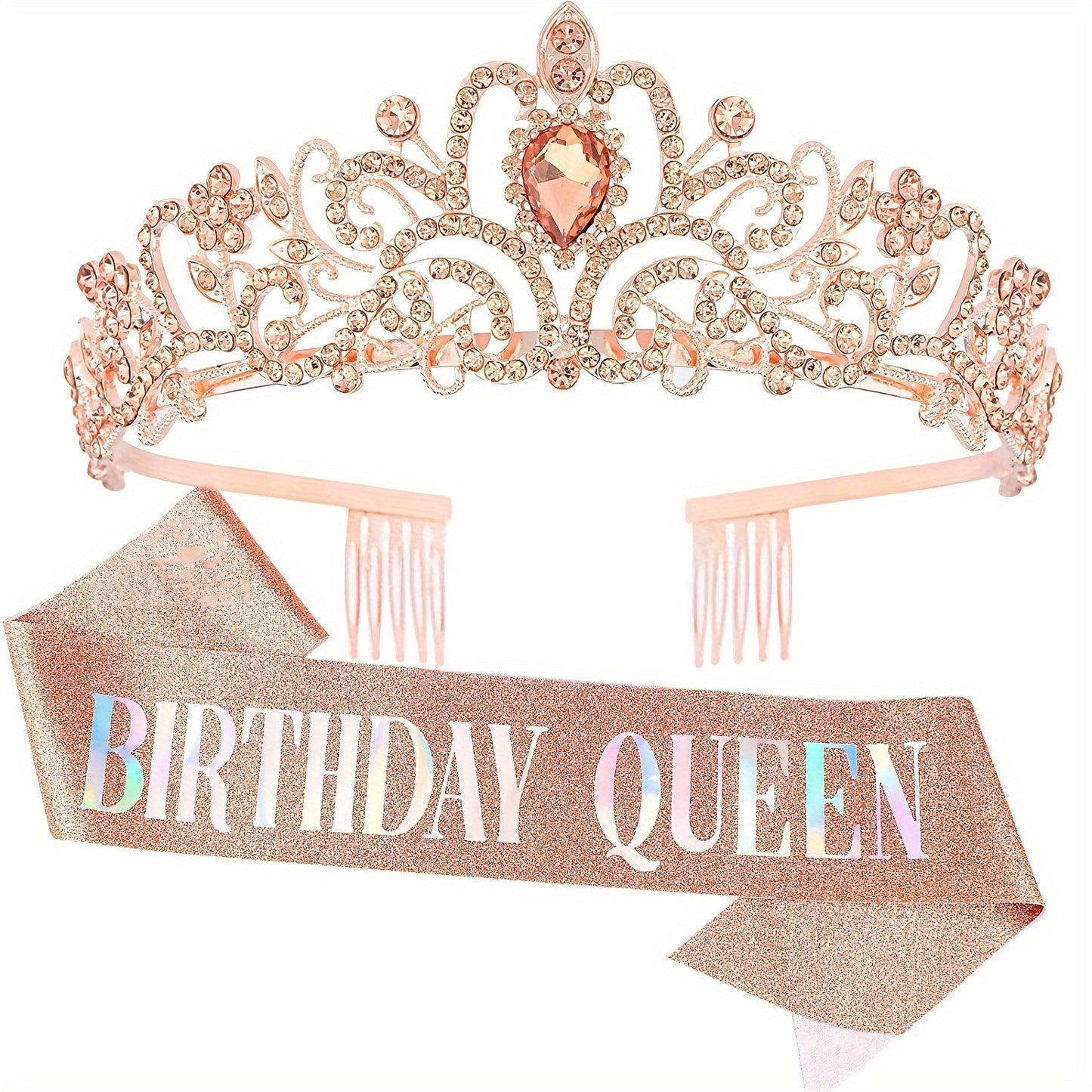 Birthday Party Dress Up Set, Including Birthday Crown And Sash For Girls, Birthday Decorations Set, Rhinestone Headband Hair Accessories Glitter Sash