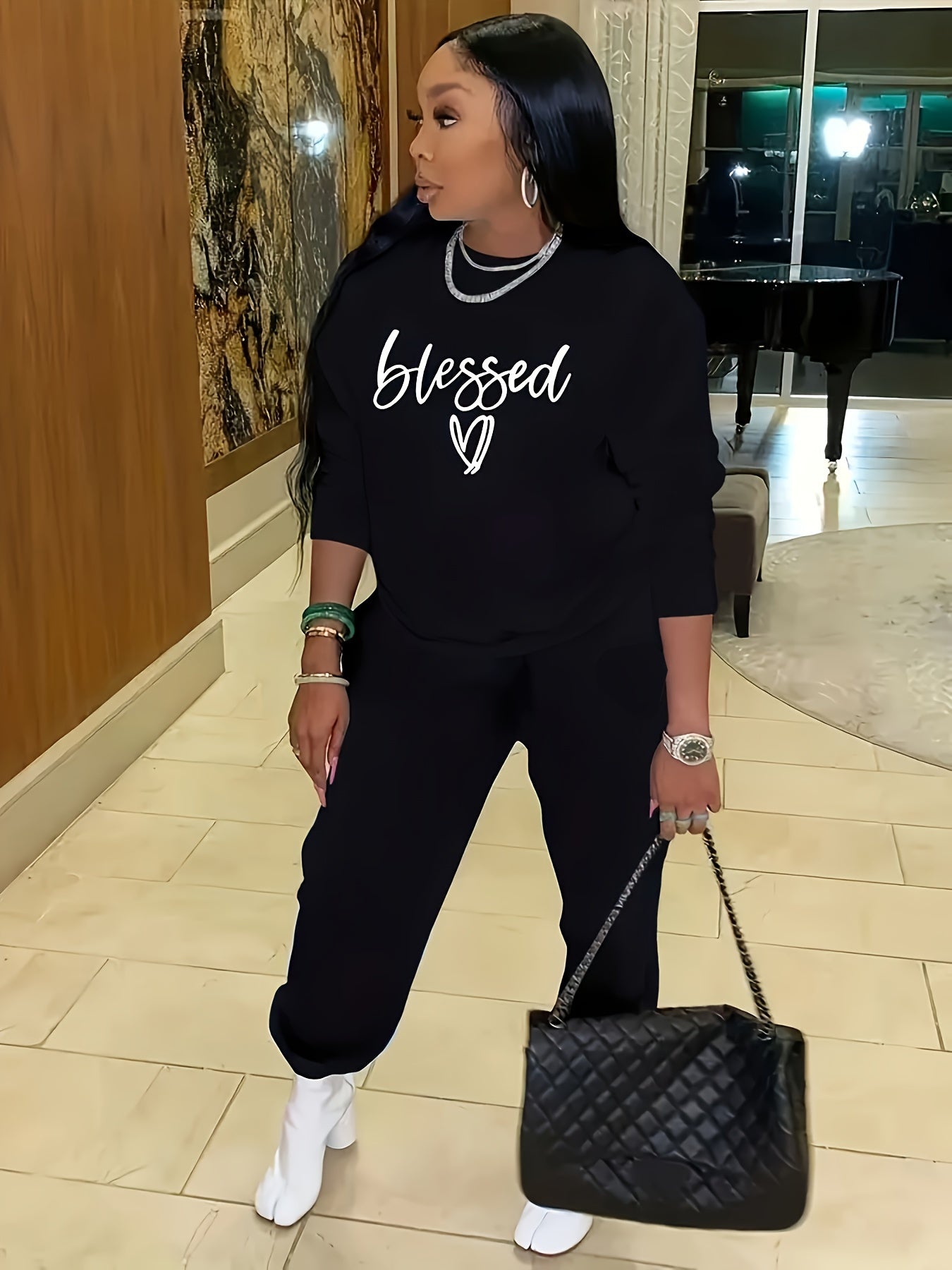 Size 14 - 22 Casual Outfits Set, Women's Plus Letter & Heart Print, Long Sleeve Round Neck Sweatshirt & Joggers, Outfits 2 Piece Set