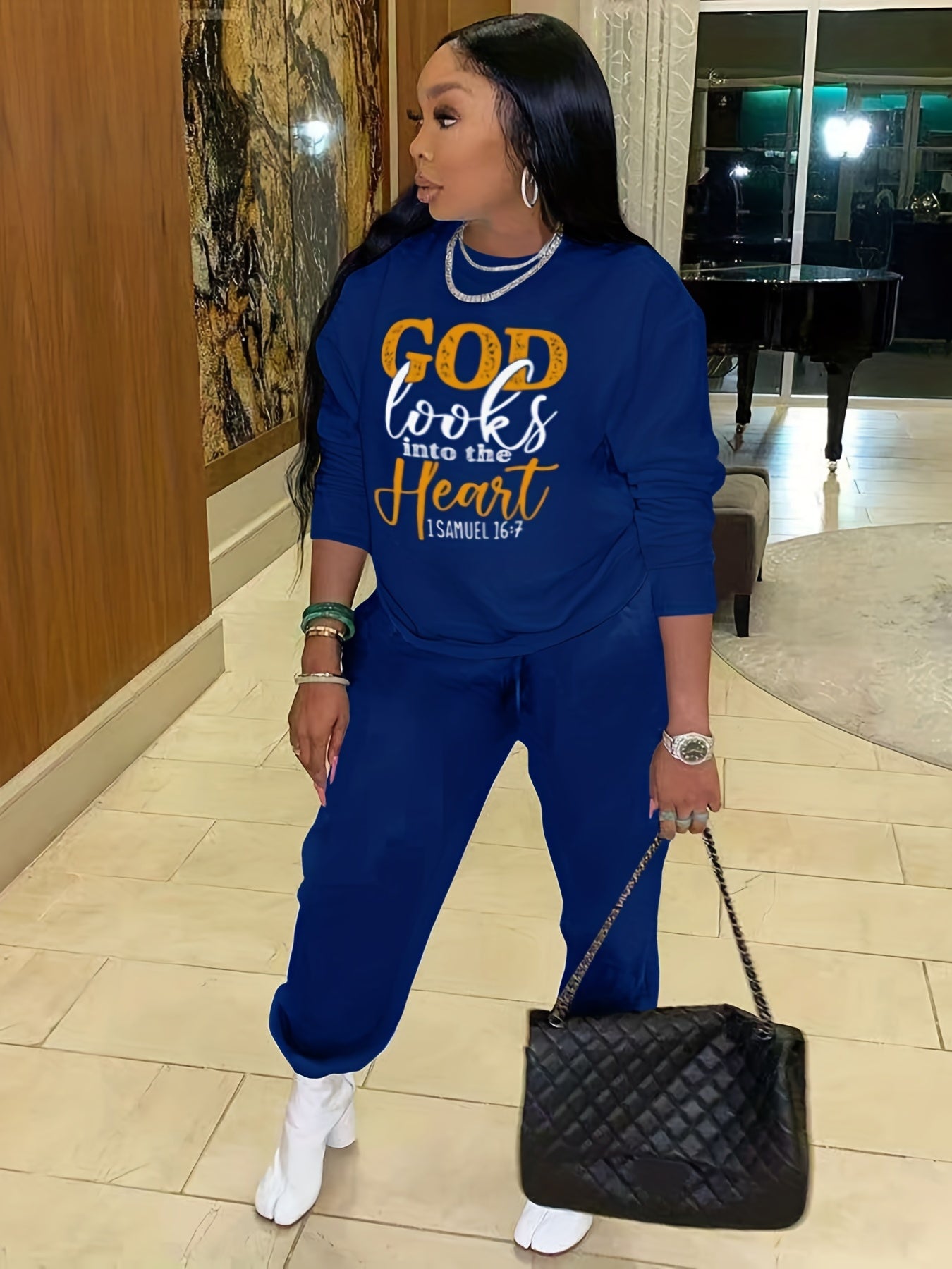 Casual Workout Two-piece Set, God Letter Print, Long Sleeve Tops & Long Length Solid Jogger Pants Outfits, Women's Clothing