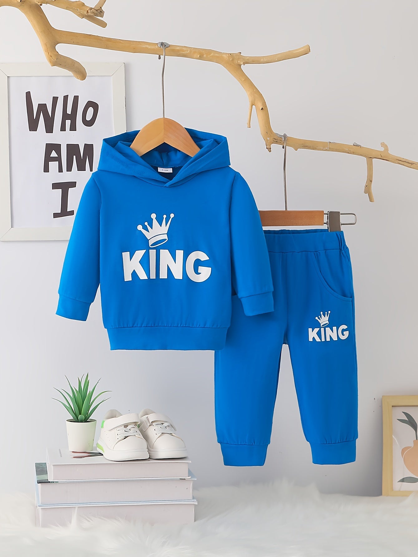 Baby Boy's Casual Fashion Outfit Hooded KING Print  Long Sleeve Sweatshirt + Pants Set