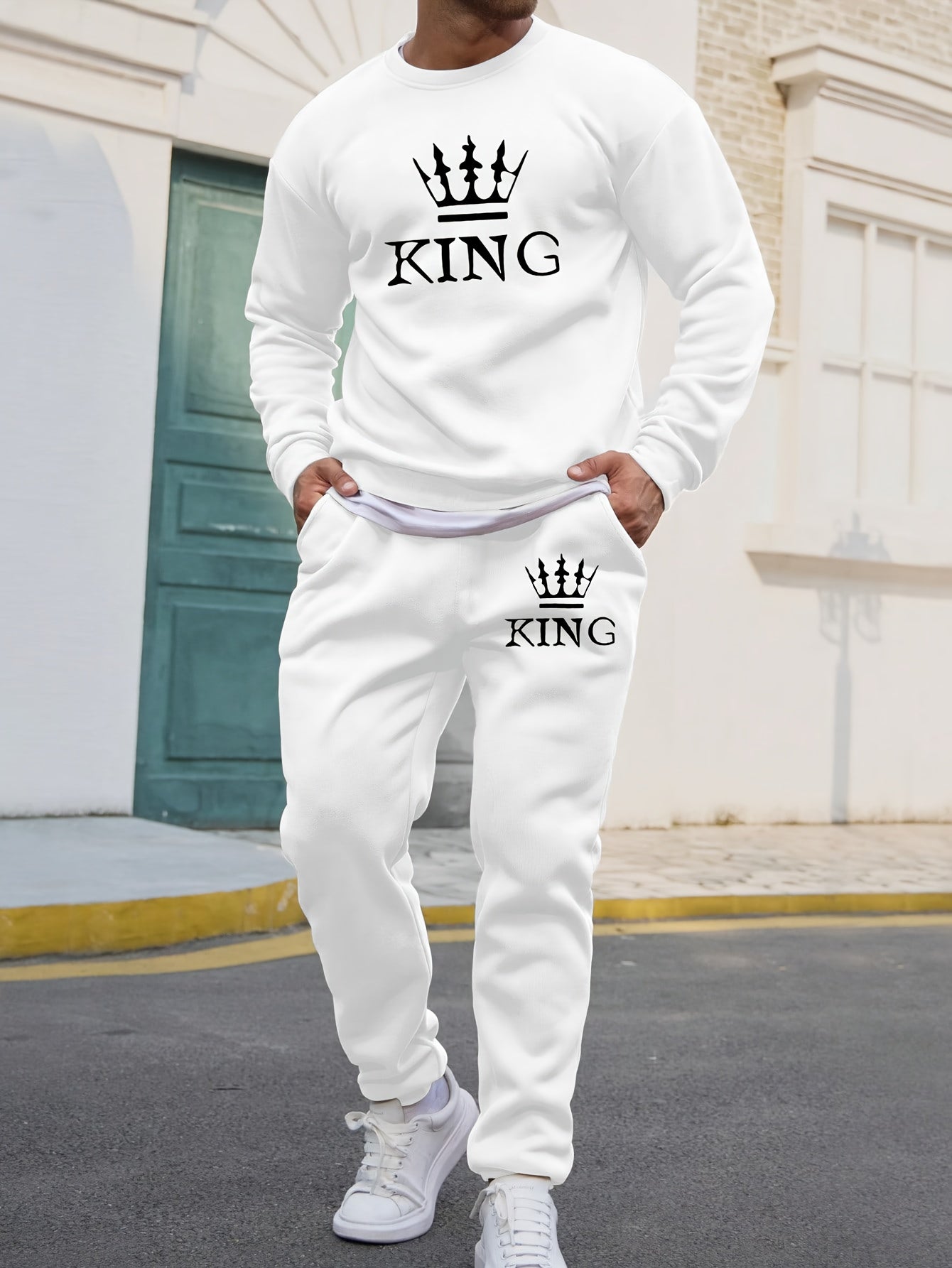 2pcs Men's King Crown Print Pullover Sweatshirt & Pants, Men's Clothing