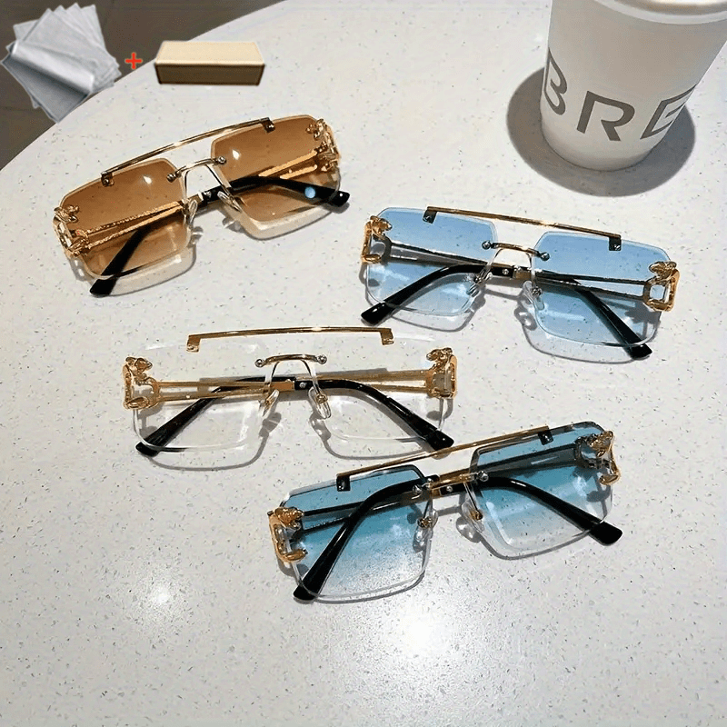 Unisex Leopard Decor Hollow Out Fashion Rimless Sunglasses, Personality UV Protection Hip Hops Glasses With Spring Hinge