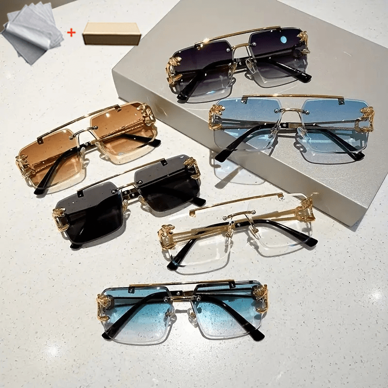 Unisex Leopard Decor Hollow Out Fashion Rimless Sunglasses, Personality UV Protection Hip Hops Glasses With Spring Hinge