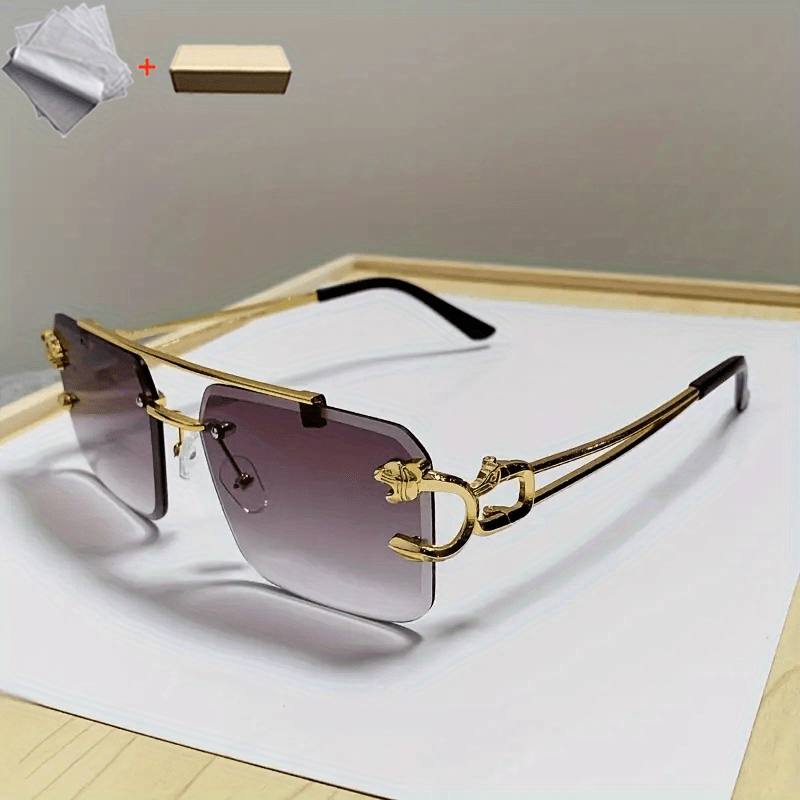 Unisex Leopard Decor Hollow Out Fashion Rimless Sunglasses, Personality UV Protection Hip Hops Glasses With Spring Hinge