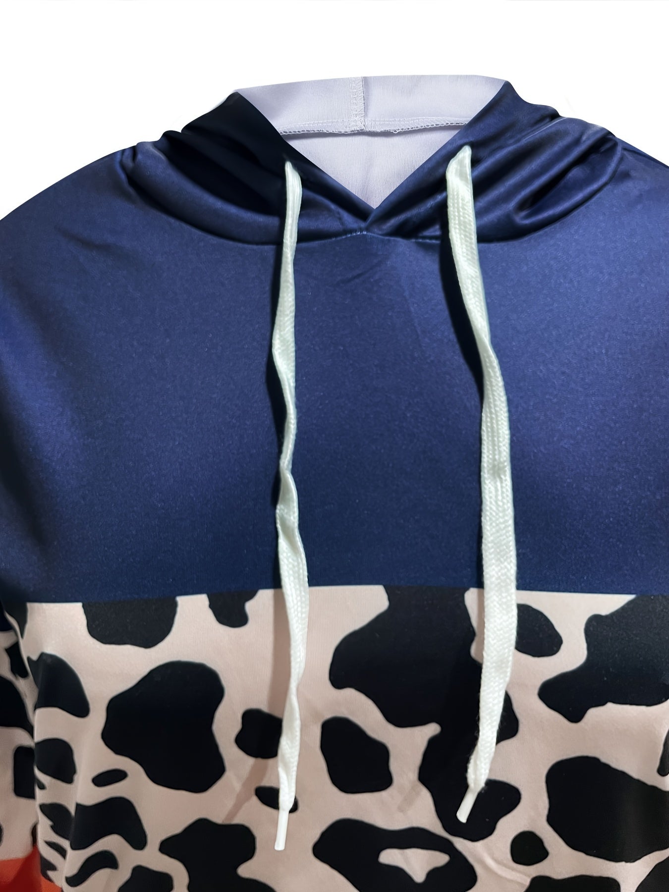 Plus Size Casual Outfits Set, Women's Plus Colorblock Leopard Print, Long Sleeve Drawstring Hoodie & Pants, Outfits 2 Piece Set