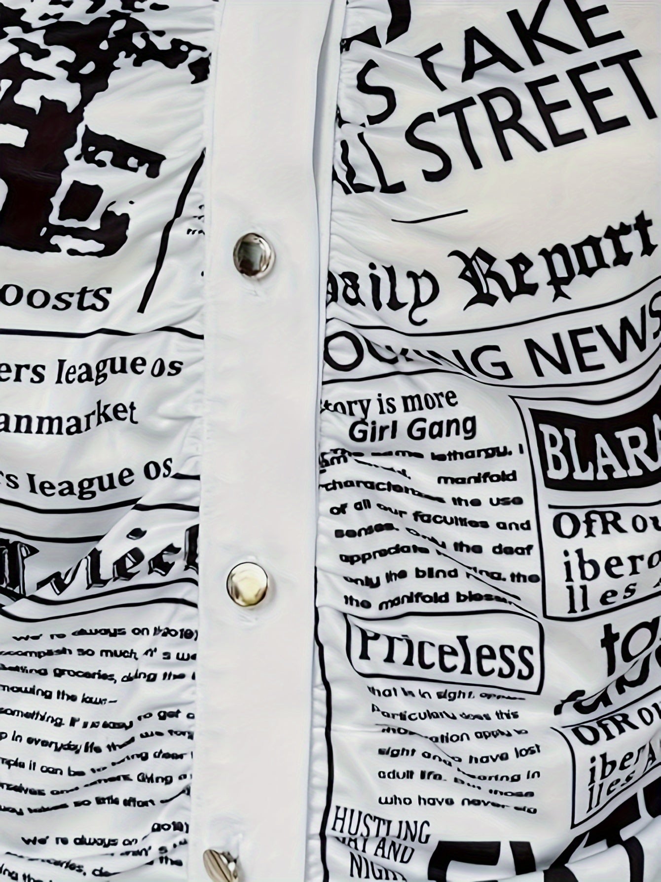 Newspaper Print Ruched Tee, Casual Button Front Long Sleeve T-shirt, Women's Clothing