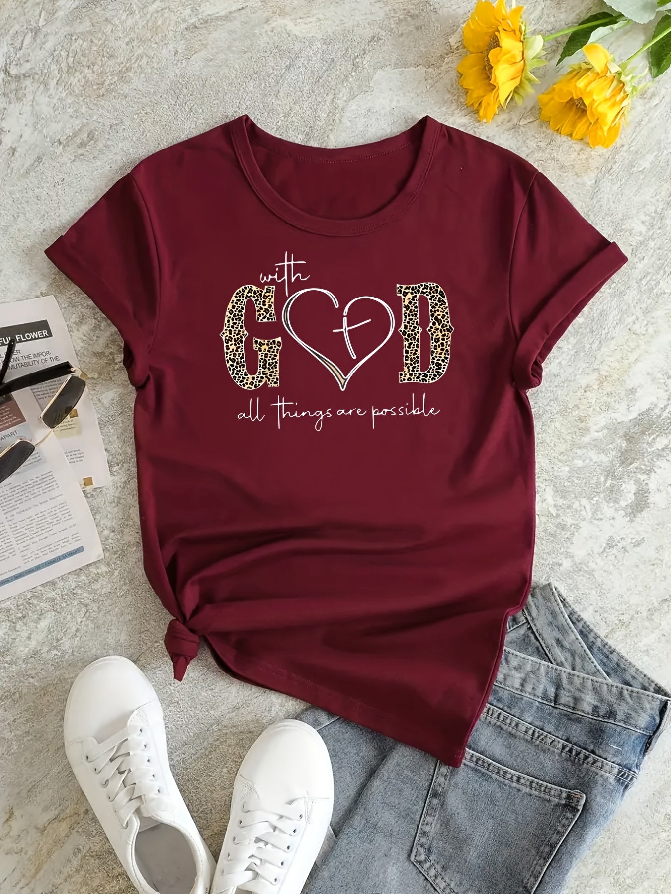 With God Print Summer Short Sleeve Crew Neck Casual Top