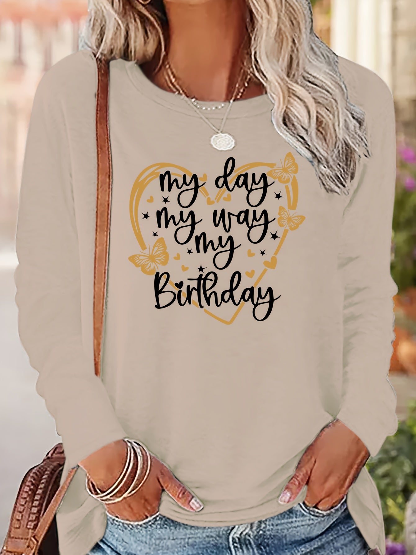 Heart & My Birthday Letter Print T-shirt, Long Sleeve Crew Neck, Casual Top, Women's Clothing