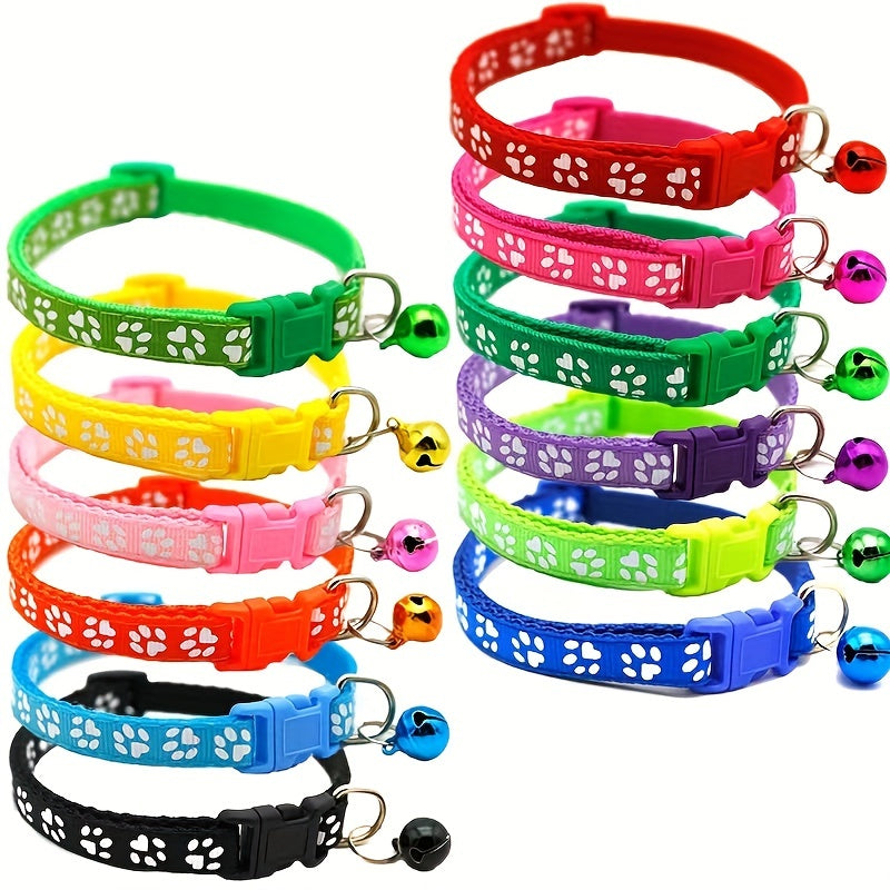 Adjustable Pet Collar With Bell - Stylish Paw Print Design For Dogs And Cats - Durable Buckle And Neck Strap - Ideal For Pet Safety And Comfort