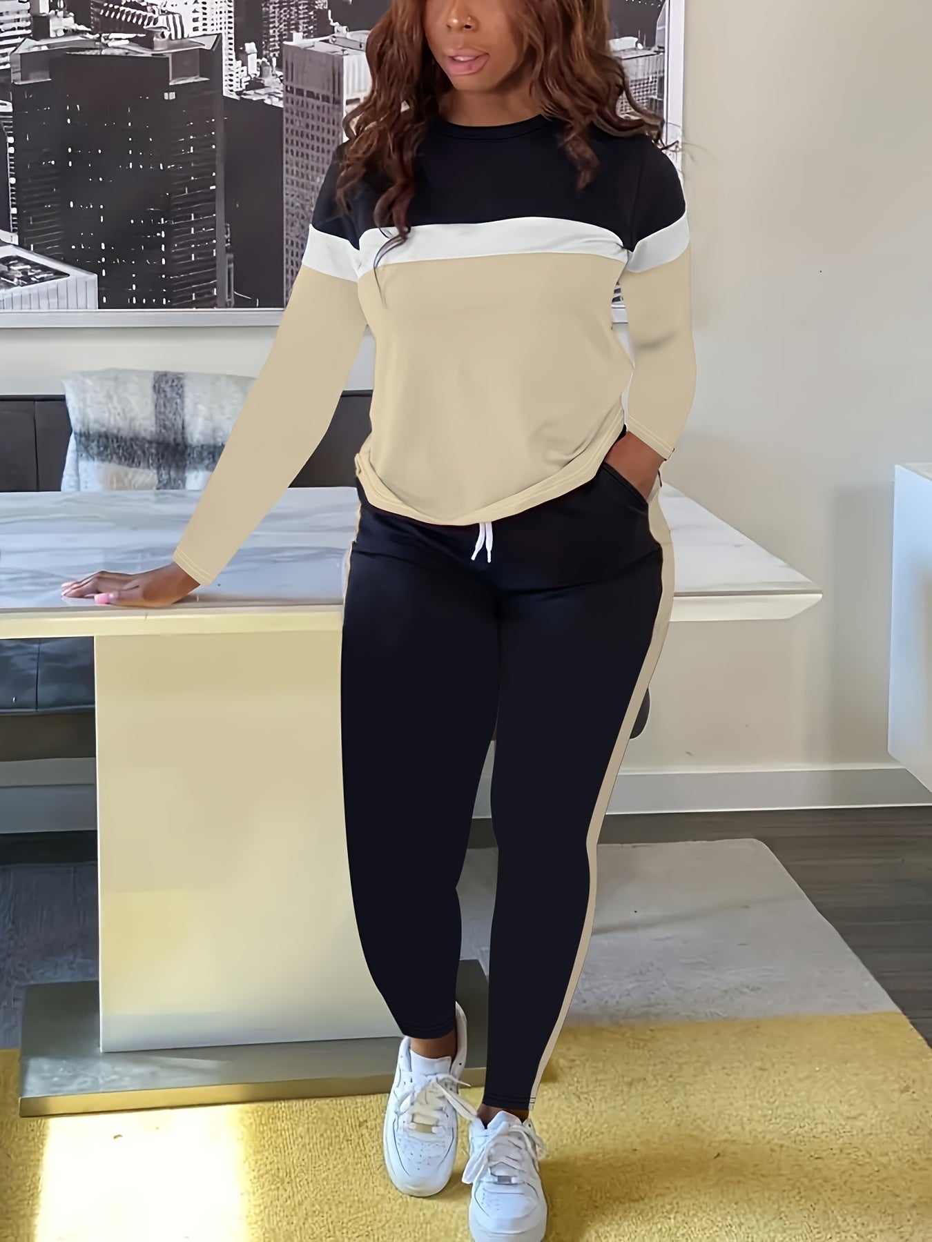 Plus Size Casual Outfits Two Piece Set, Women's Plus Colorblock Stripe Print, Long Sleeve Round Neck Top & Drawstring Pants, Outfits 2 Piece Set