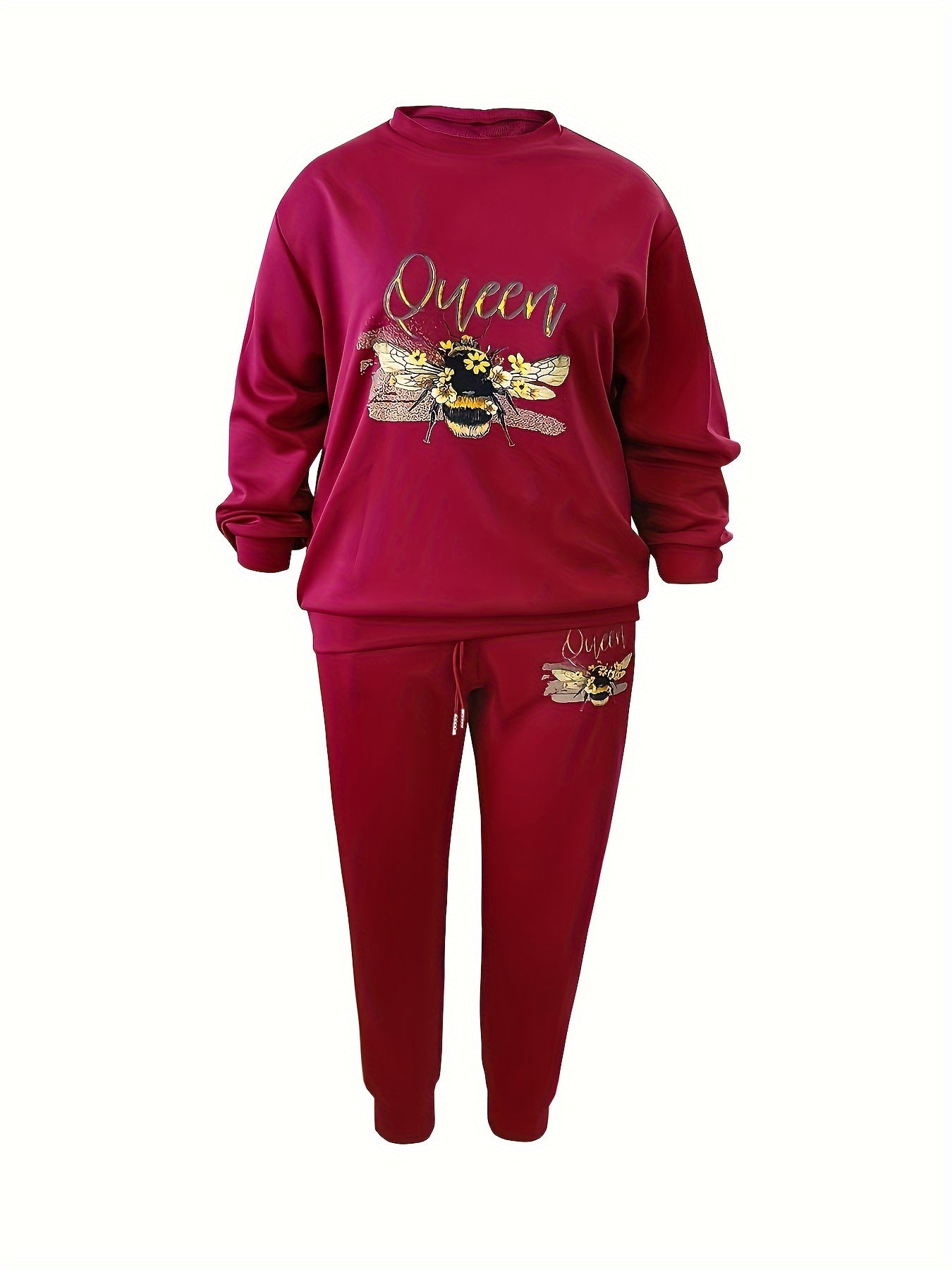 Plus Size Casual Outfits Two Piece Set, Women's Plus Bee & Letter Print, Long Sleeve Round Neck Top & Joggers, Outfits 2 Piece Set