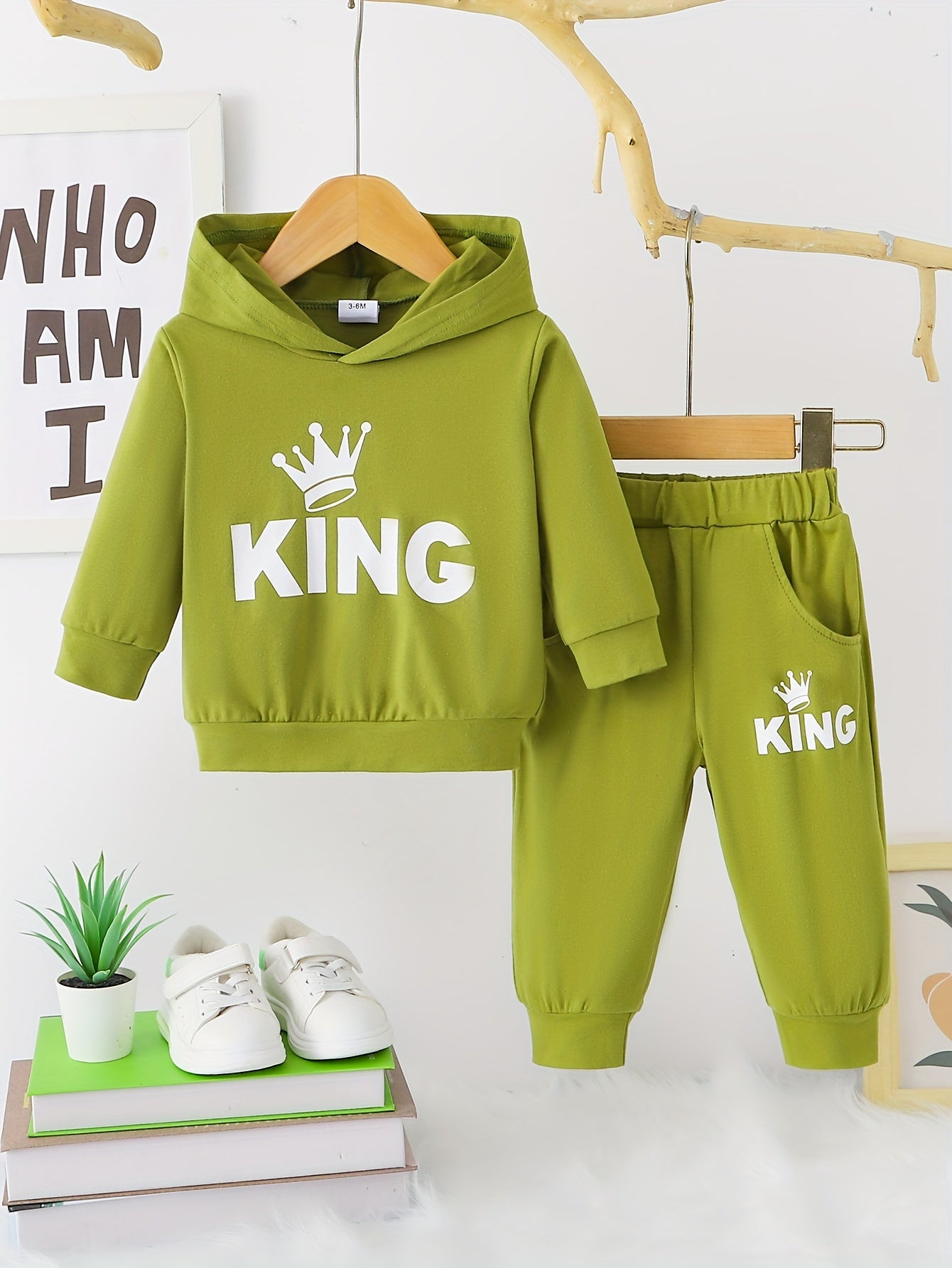 Baby Boy's Casual Fashion Outfit Hooded KING Print  Long Sleeve Sweatshirt + Pants Set