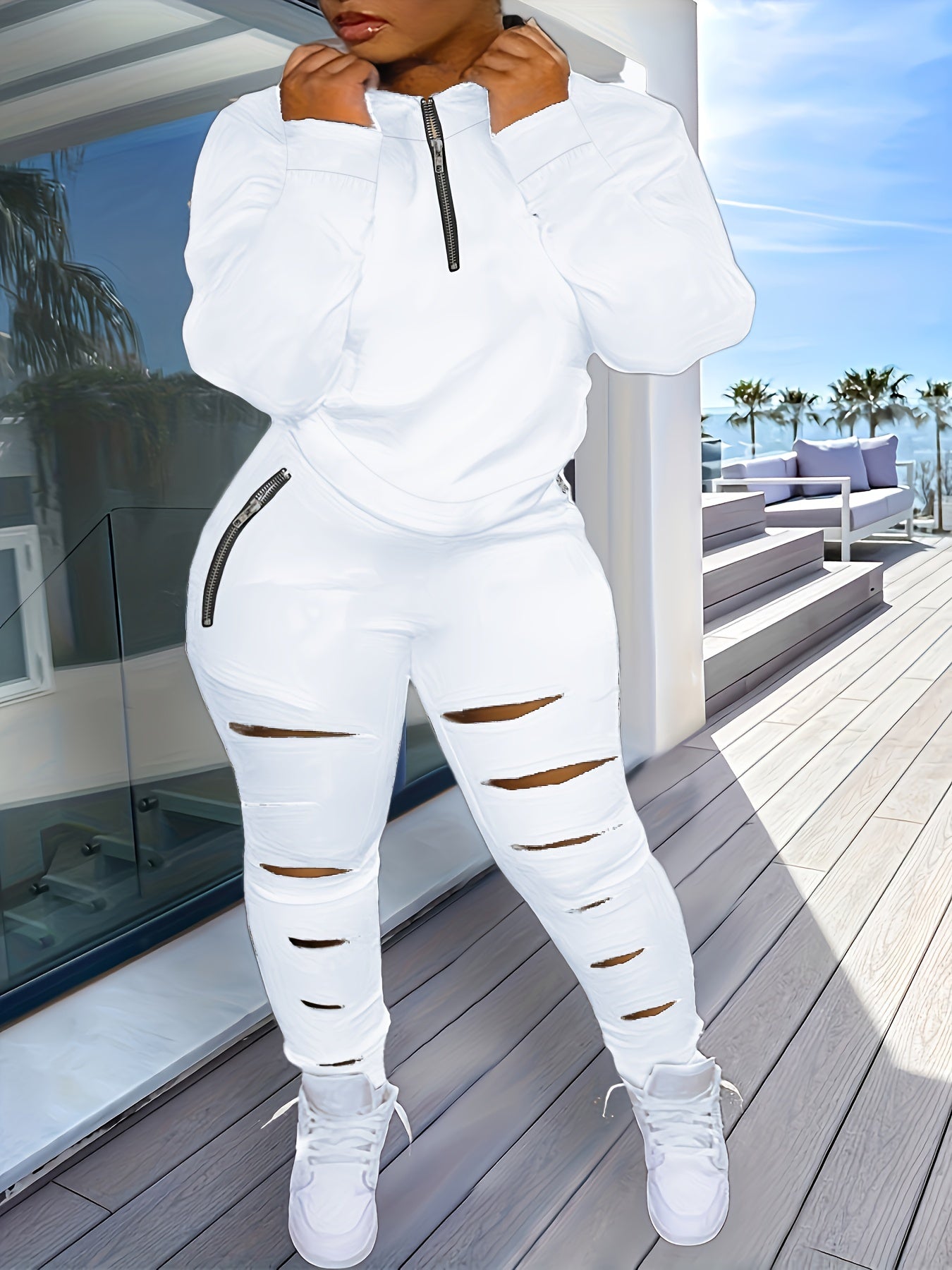 Plus Size Casual Outfit Set, Women's Plus, Solid Long Sleeve Half Zipper Sweatshirt & Ripped Pants, Outfits Two Piece Set