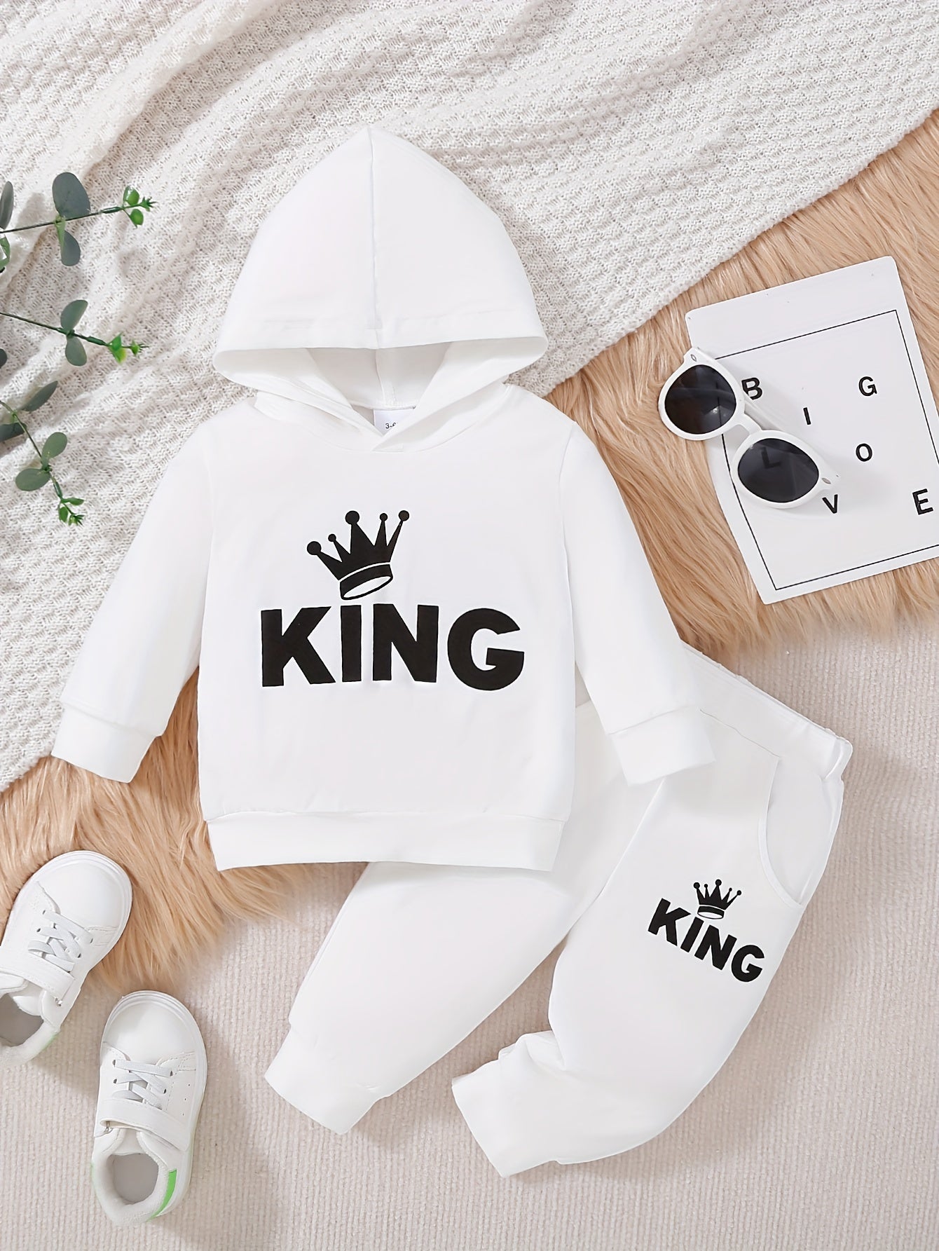 Baby Boy's Casual Fashion Outfit Hooded KING Print  Long Sleeve Sweatshirt + Pants Set