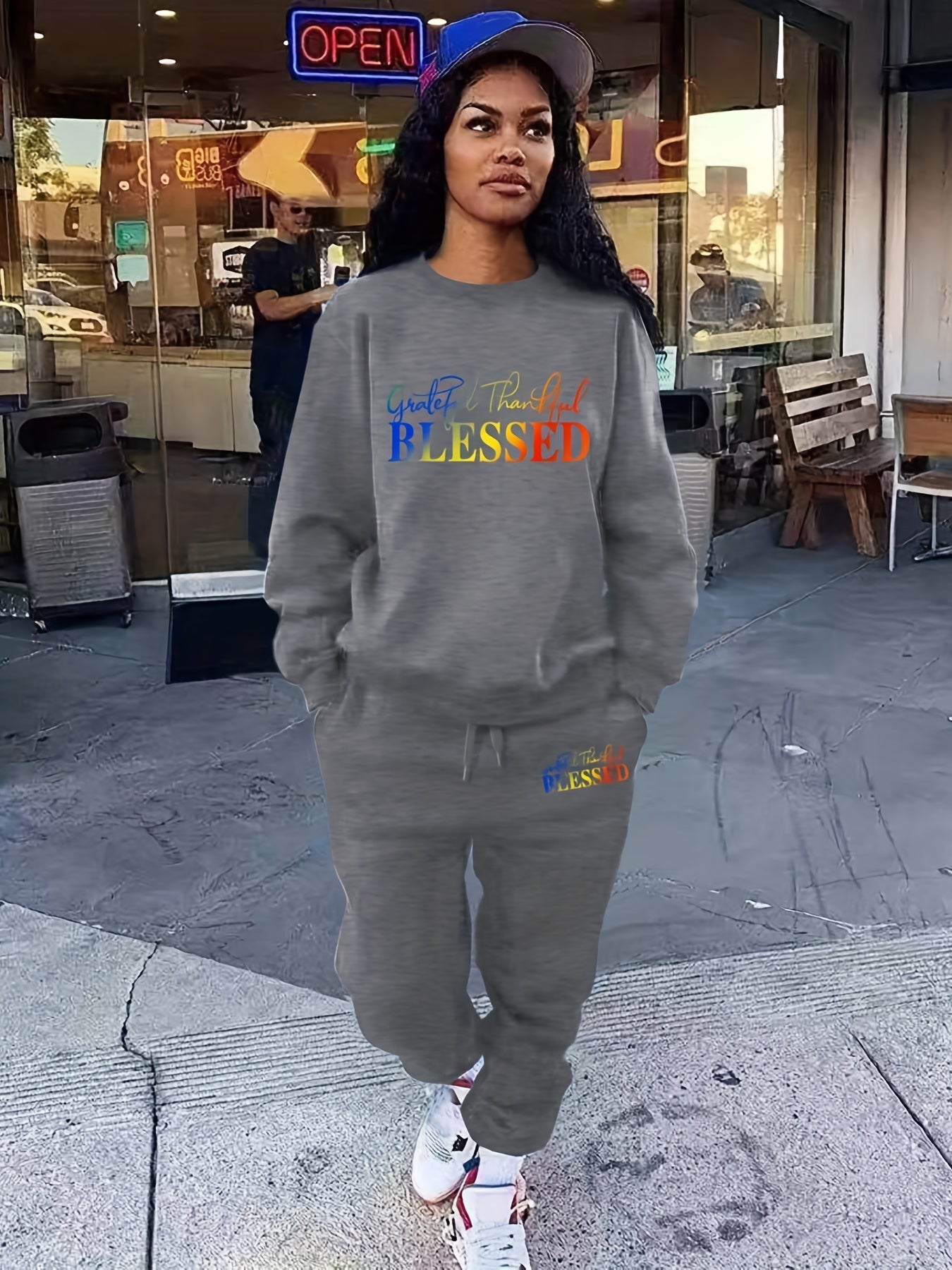 Blessed Letter Print Casual Two-piece Set, Crew Neck Long Sleeve Tops & Drawstring Jogger Pants Outfits, Women's Clothing