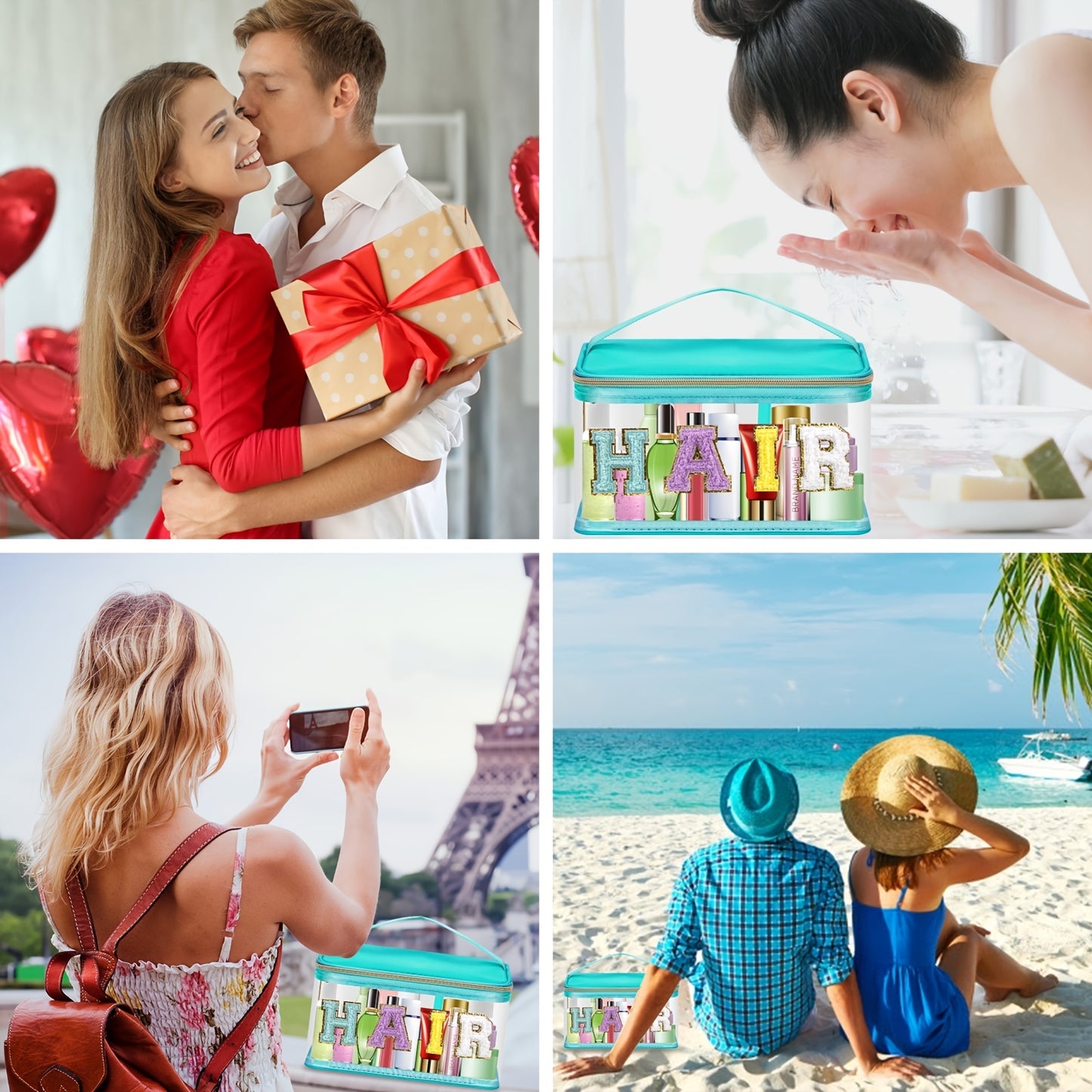 Chenille Letter Clear Makeup Bags Hair Pouch, Preppy Patch Makeup Bag Zipper With Handle, Transparent PVC & Nylon Waterproof Glitter Cosmetic Handbag Travel Toiletry Storage Bag Valentine's Day Birthday Gift For Girls Women (HAIR-Green)