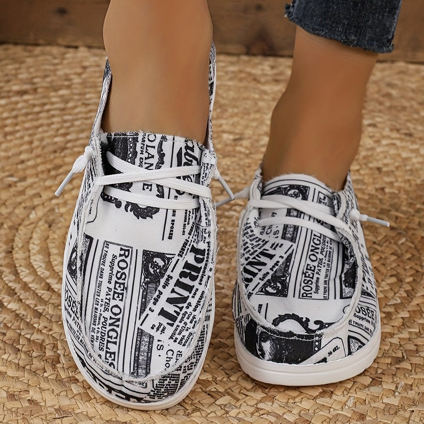 Women's Fashion Canvas Shoes, Newspaper Print Low Top Slip On Loafers, Casual Lightweight Walking Shoes