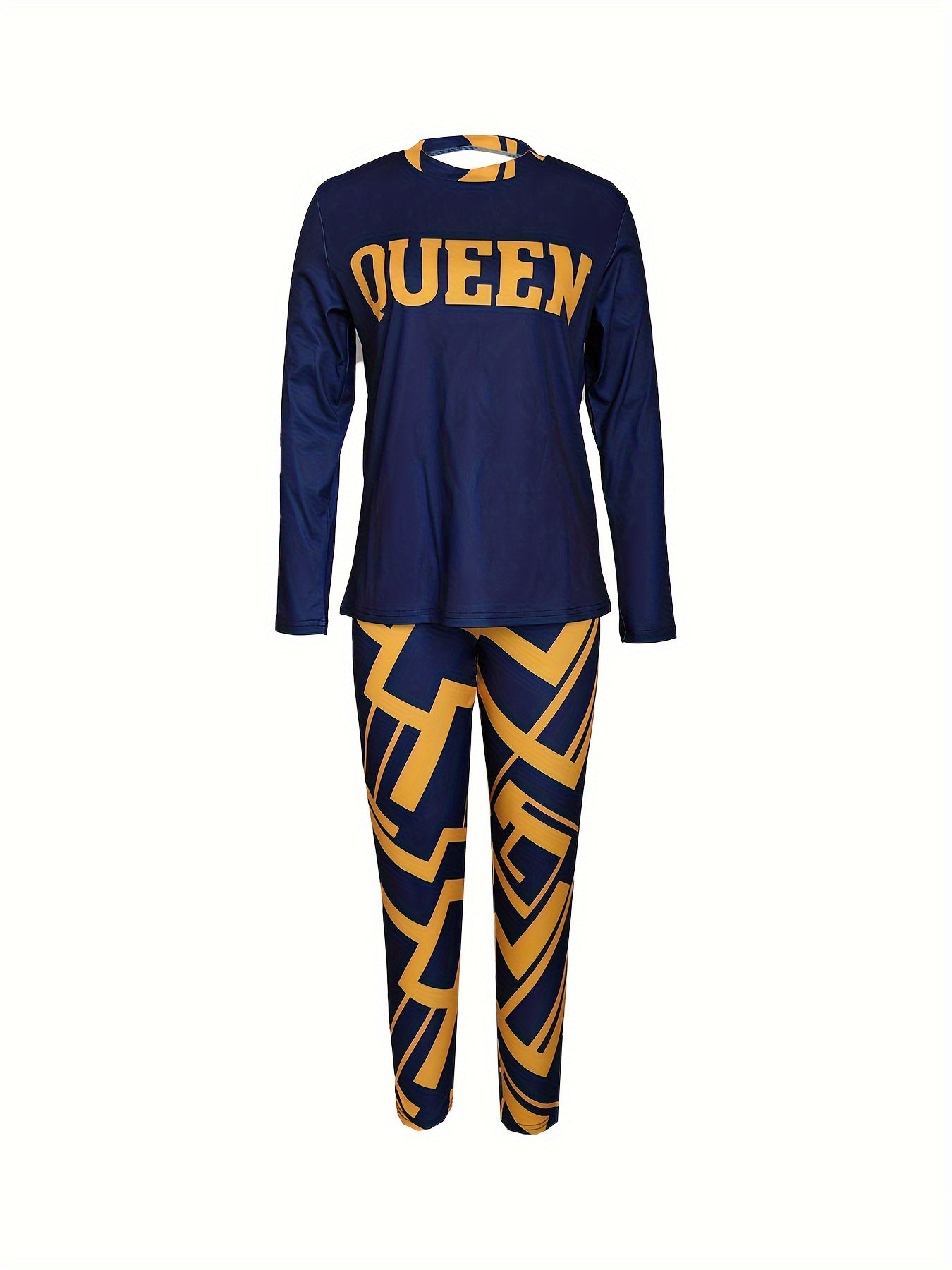 Casual Workout Two-piece Set, Queen Letter Print Long Sleeve Tops & Allover Print Pants Outfits, Women's Clothing