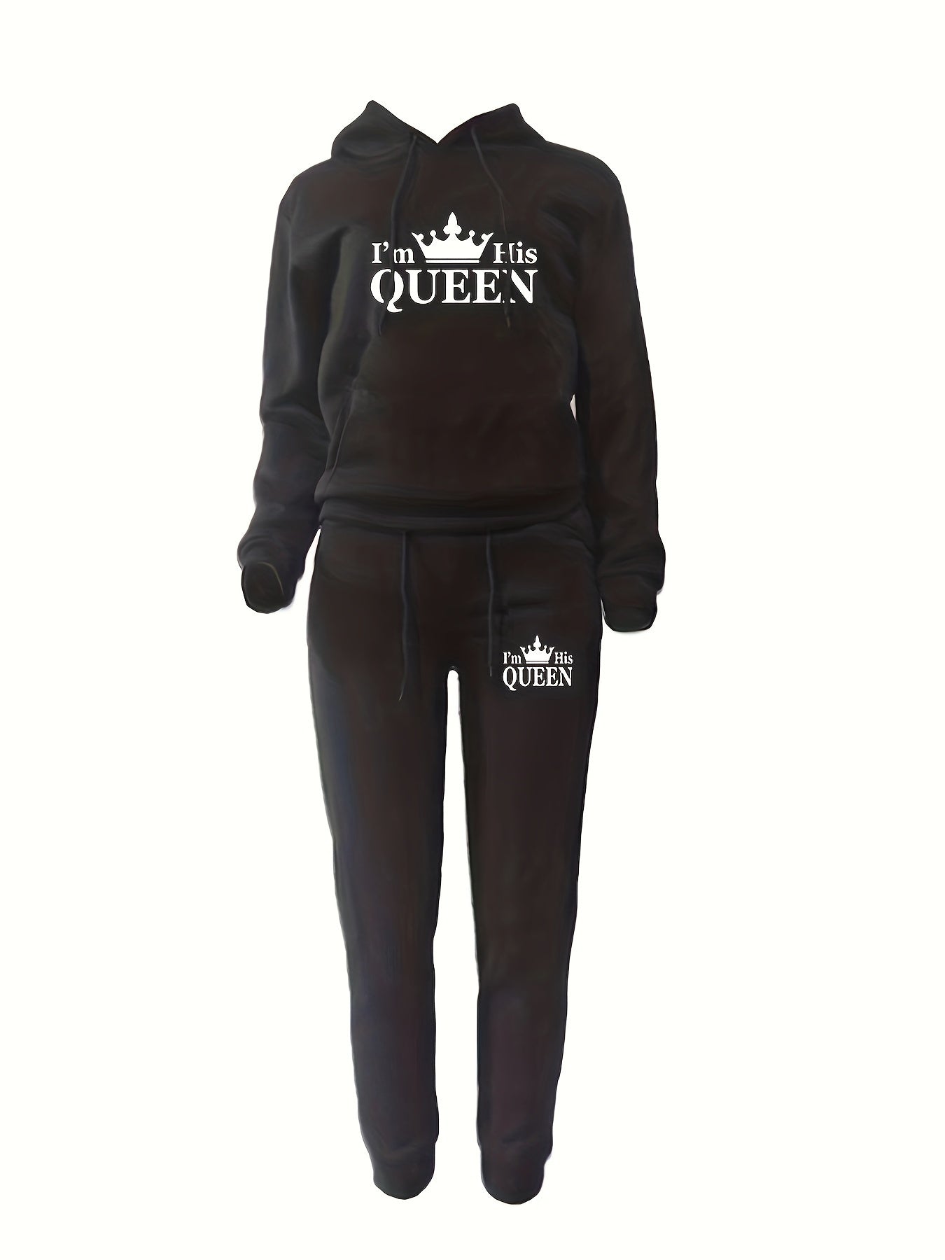 Crown & Letter Print Two-piece Set, Kangaroo Pocket Hoodie & Drawstring Pants Outfits, Women's Clothing