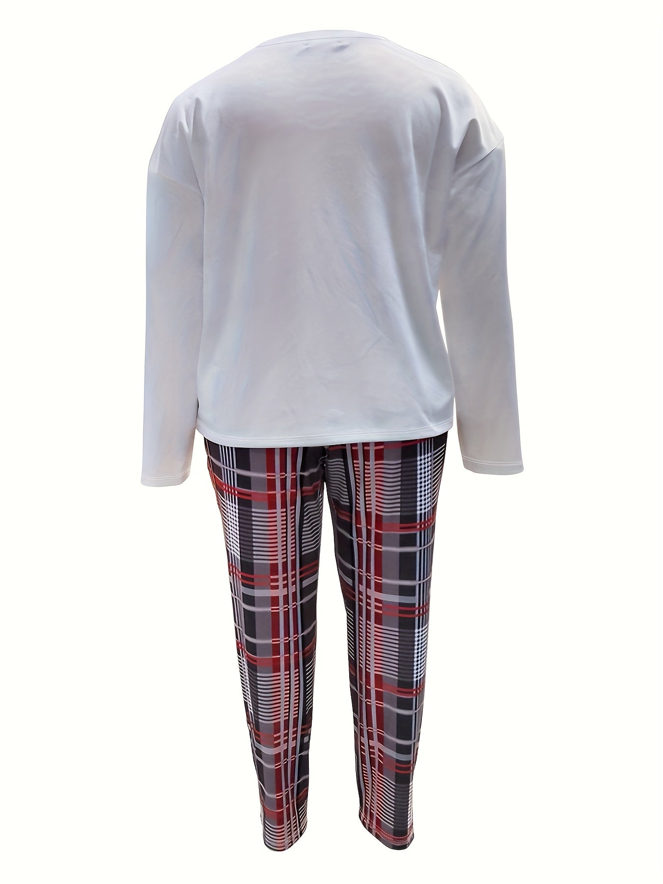 Plus Size Casual Outfits Set, Women's Plus Plaid Print, Long Sleeve Round Neck Top & Pocketed Pants, Outfits Two Piece Set