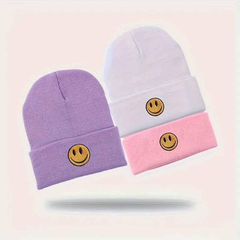 1pc Cute Smile Face Three-dimensional Embroidered Knitted Hat For Couple Men And Teens , Ideal choice for Gifts