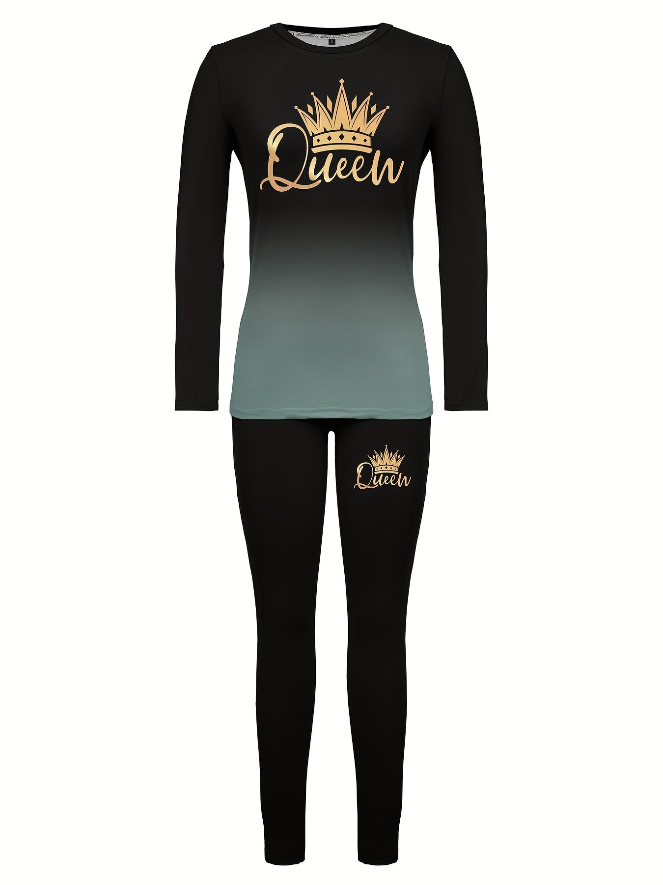 Queen Letter Print Two-piece Set, Crew Neck Long Sleeve Tops & Slim Pants Outfits, Women's Clothing