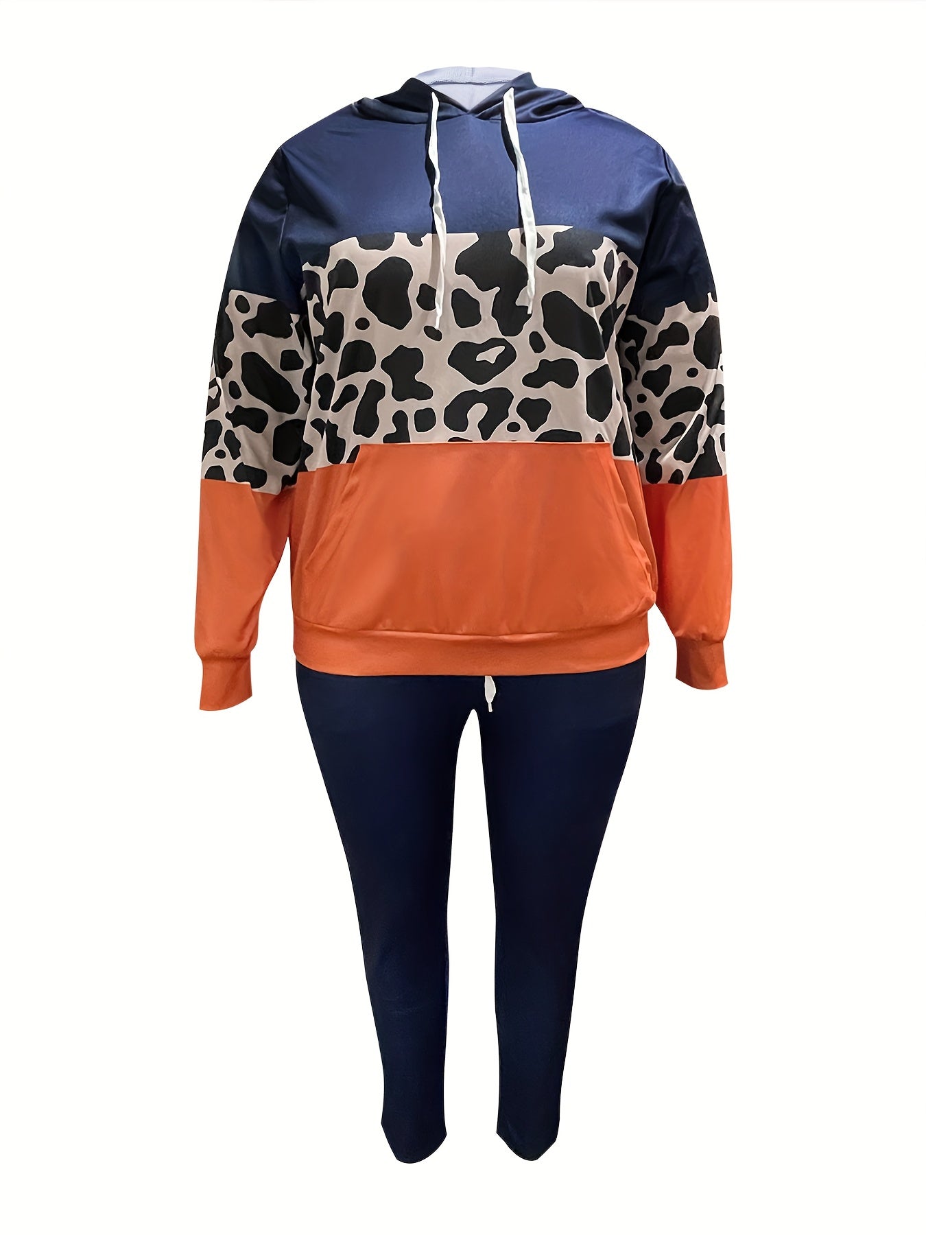 Plus Size Casual Outfits Set, Women's Plus Colorblock Leopard Print, Long Sleeve Drawstring Hoodie & Pants, Outfits 2 Piece Set