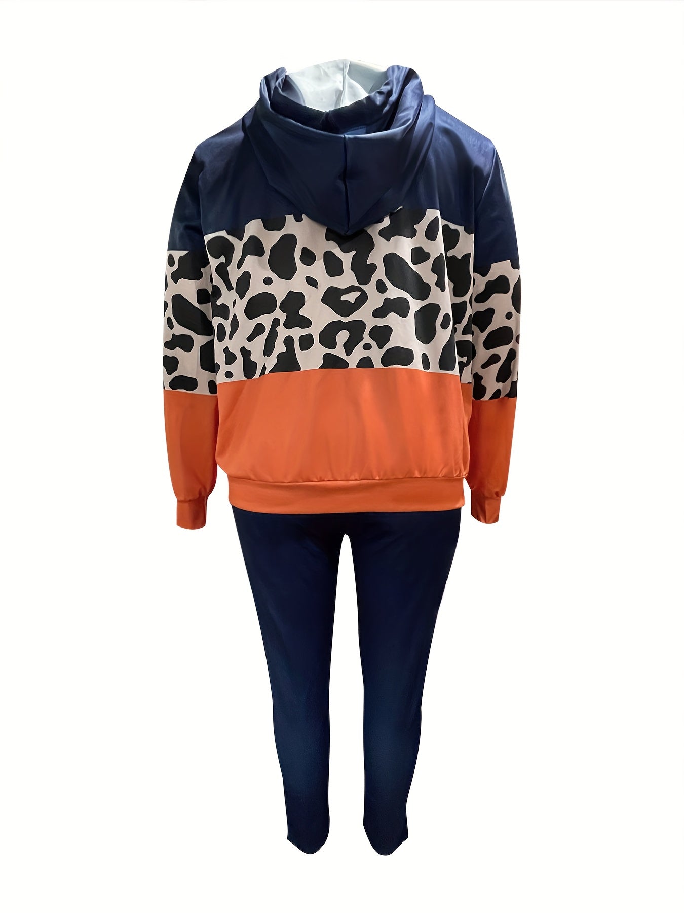 Plus Size Casual Outfits Set, Women's Plus Colorblock Leopard Print, Long Sleeve Drawstring Hoodie & Pants, Outfits 2 Piece Set