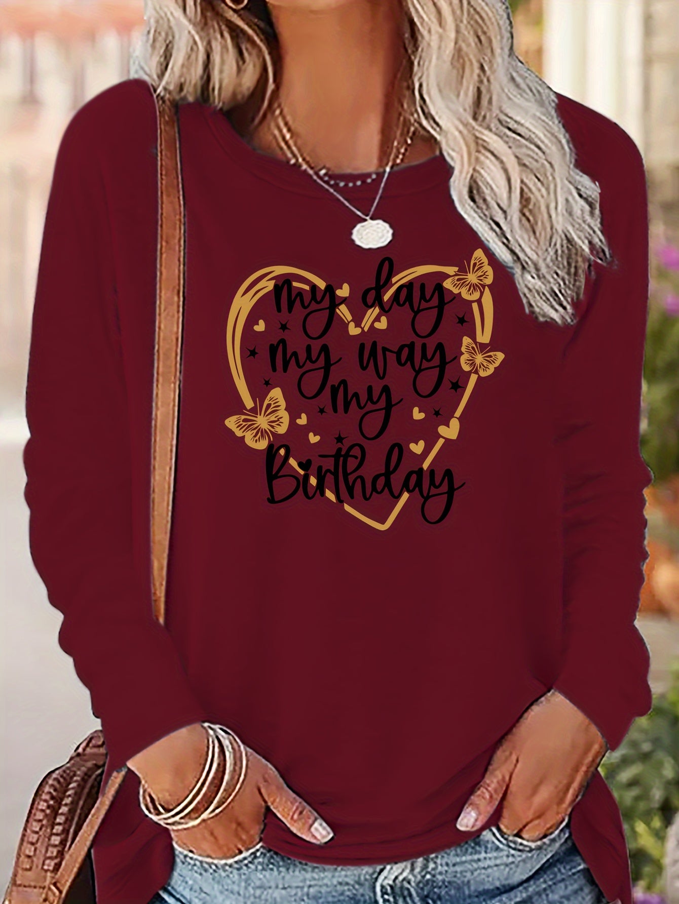 Heart & My Birthday Letter Print T-shirt, Long Sleeve Crew Neck, Casual Top, Women's Clothing
