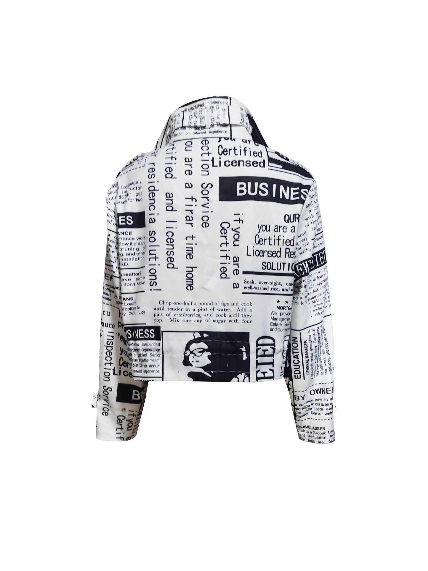 Newspaper Print, Stand Collar Jacket, Casual Button & Zip Front Long Sleeve Outerwear, Women's Clothing