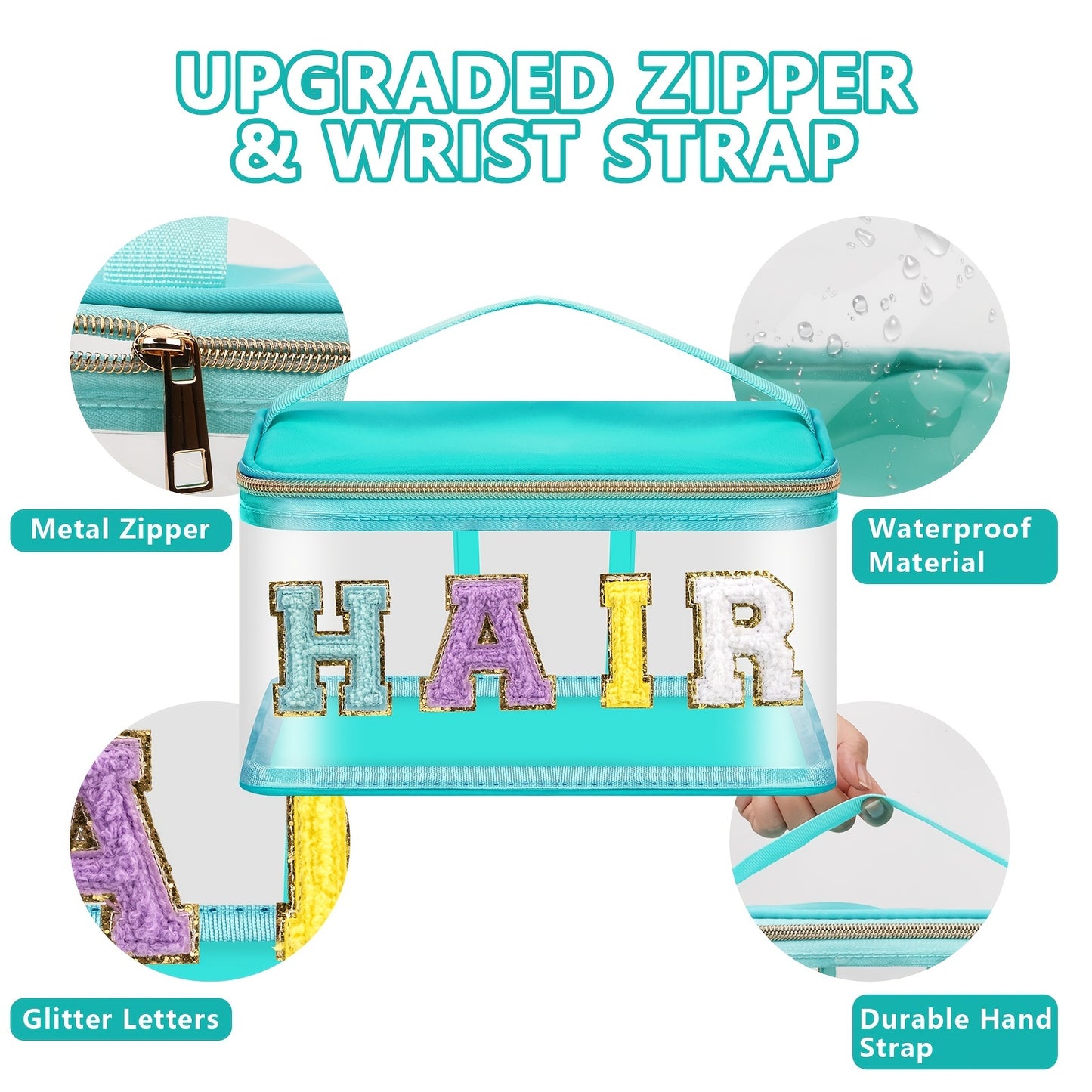 Chenille Letter Clear Makeup Bags Hair Pouch, Preppy Patch Makeup Bag Zipper With Handle, Transparent PVC & Nylon Waterproof Glitter Cosmetic Handbag Travel Toiletry Storage Bag Valentine's Day Birthday Gift For Girls Women (HAIR-Green)