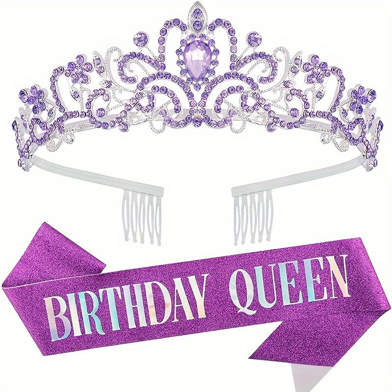 Birthday Party Dress Up Set, Including Birthday Crown And Sash For Girls, Birthday Decorations Set, Rhinestone Headband Hair Accessories Glitter Sash