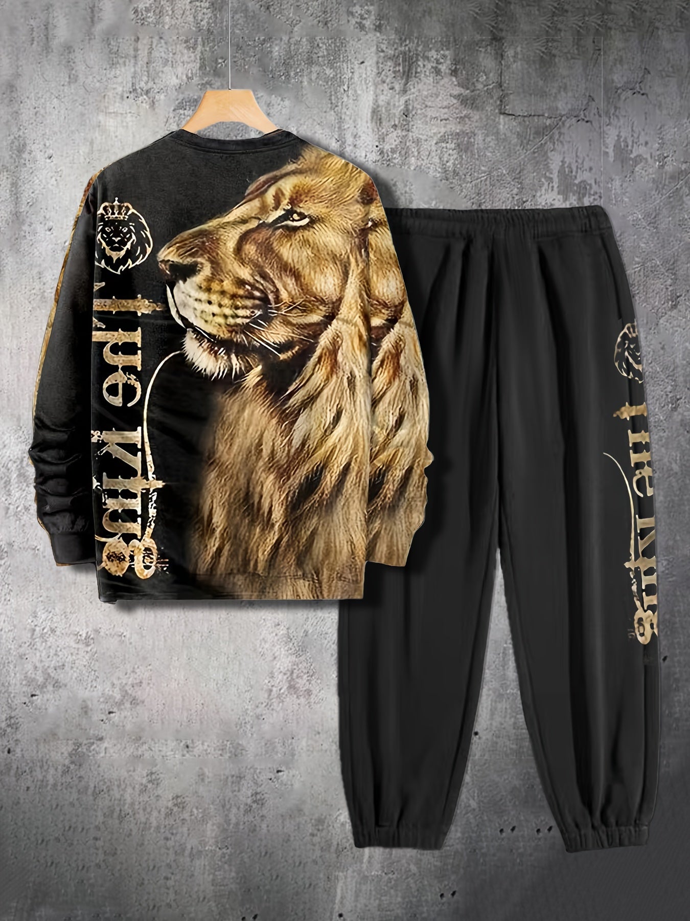 THE KING Tiger Print, Men's 2pcs, Casual Loose Comfy Sweatshirt And Drawstring Waist Sweatpants Set
