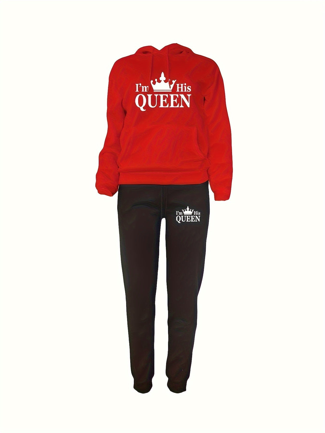 Crown & Letter Print Two-piece Set, Kangaroo Pocket Hoodie & Drawstring Pants Outfits, Women's Clothing
