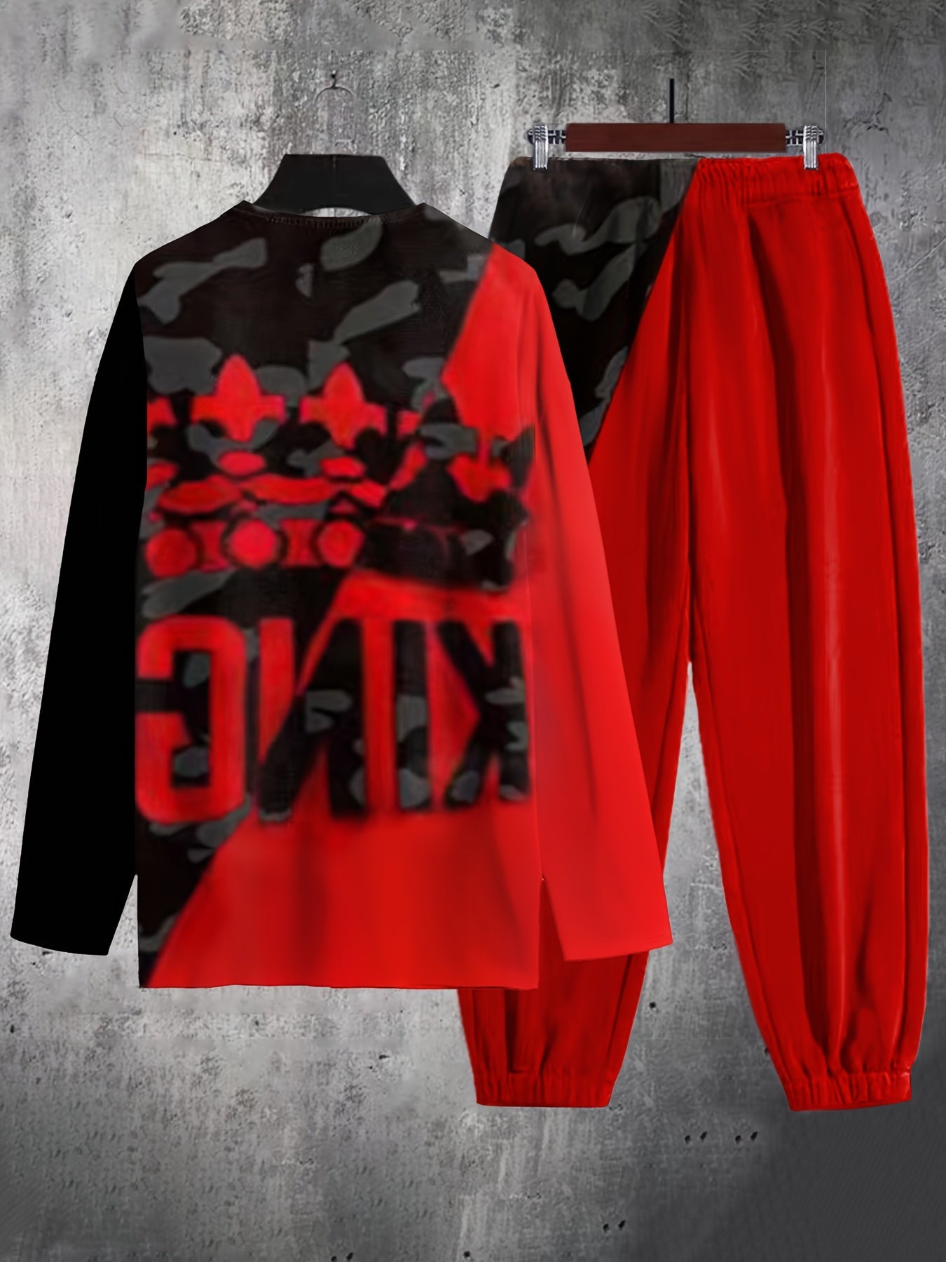 KING Crown Print, Men's Color Block 2pcs, Casual Loose Comfy Sweatshirt And Drawstring Waist Sweatpants Set