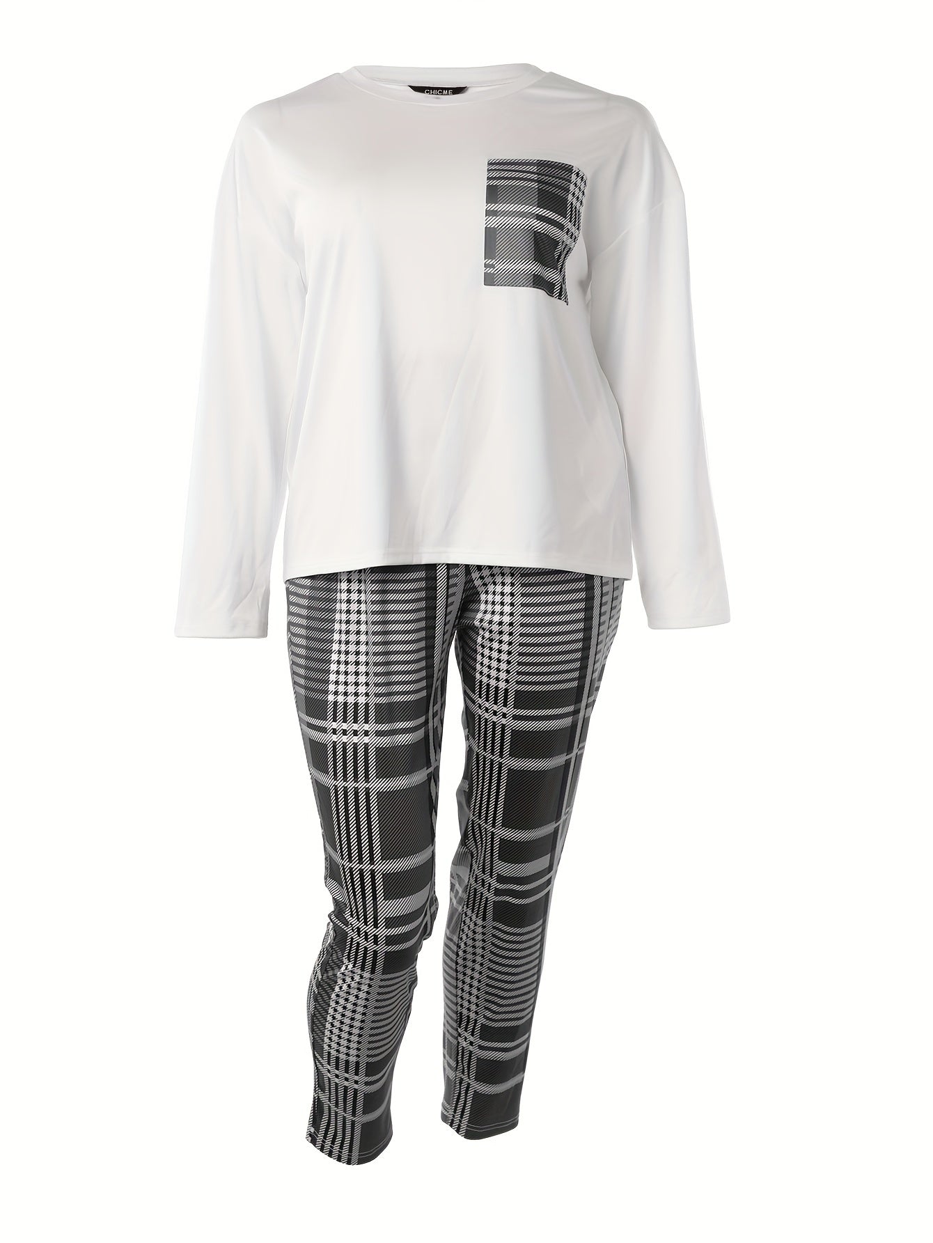 Plus Size Casual Outfits Set, Women's Plus Plaid Print, Long Sleeve Round Neck Top & Pocketed Pants, Outfits Two Piece Set