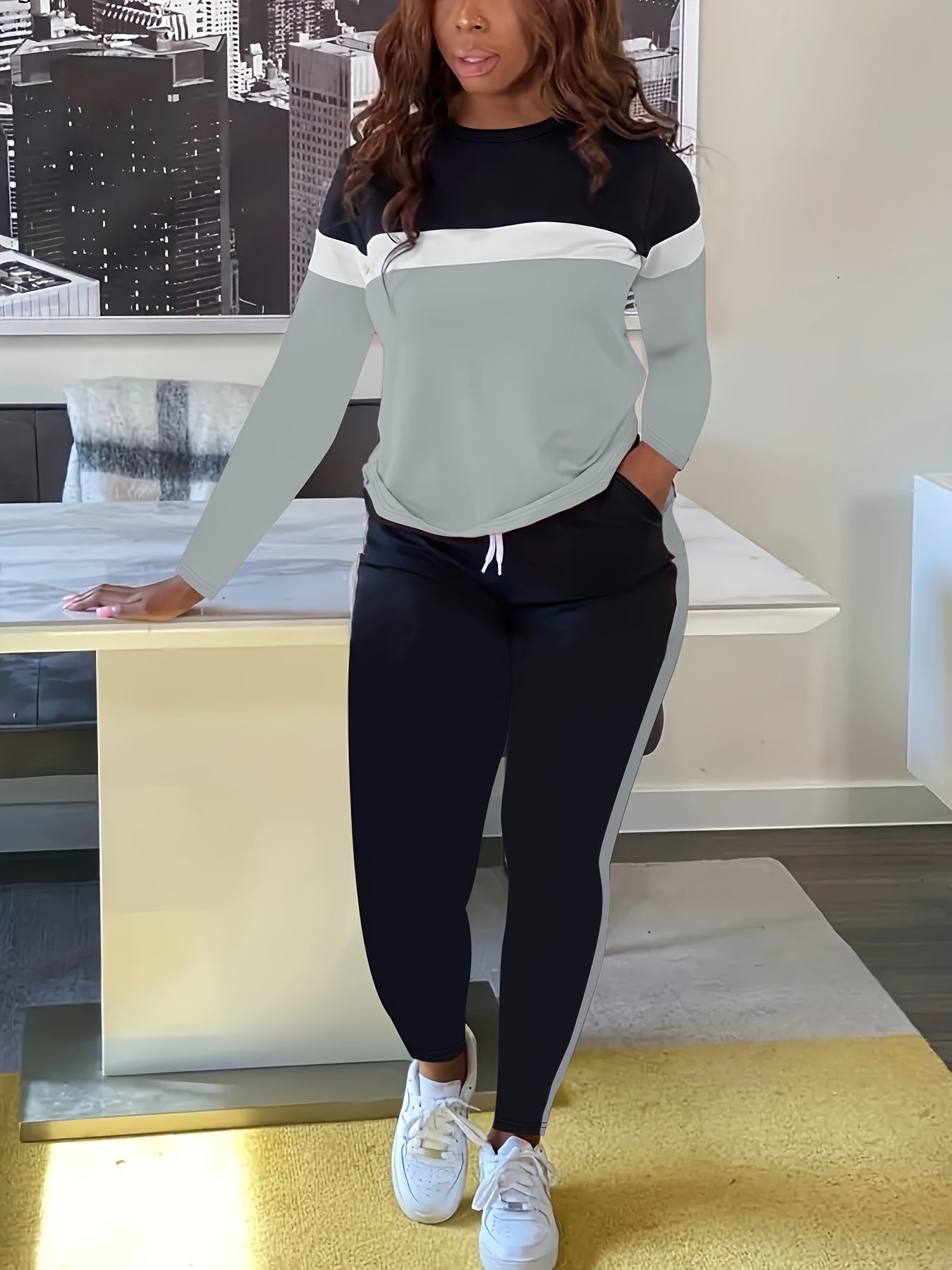 Plus Size Casual Outfits Two Piece Set, Women's Plus Colorblock Stripe Print, Long Sleeve Round Neck Top & Drawstring Pants, Outfits 2 Piece Set