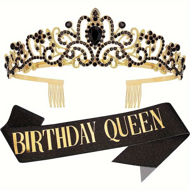 Birthday Party Dress Up Set, Including Birthday Crown And Sash For Girls, Birthday Decorations Set, Rhinestone Headband Hair Accessories Glitter Sash