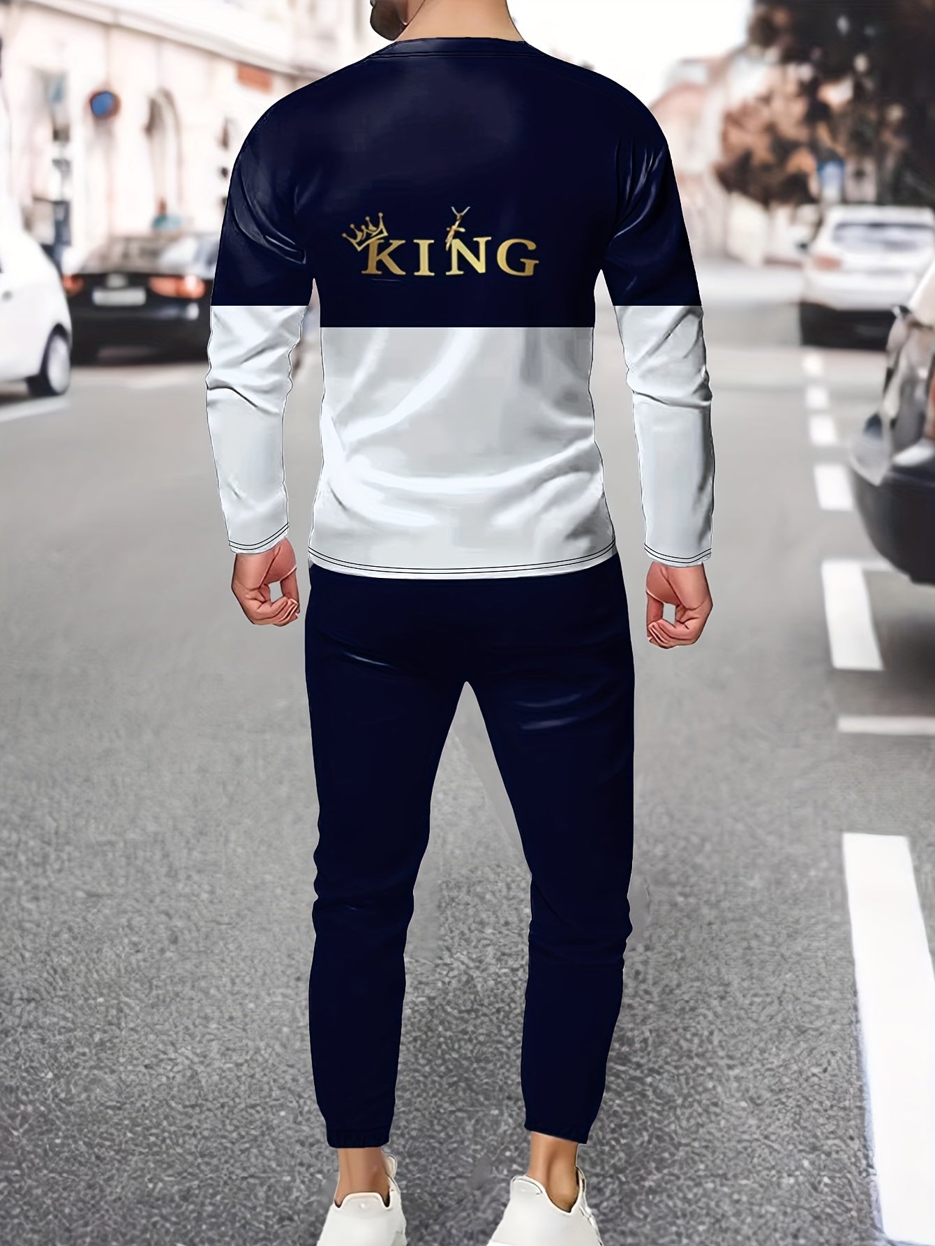 Crown And ''KING'' Pattern, Men's 2 Piece Outfits, Color Block Comfy Long Sleeve T-shirt And Casual Loose Sweatpants Set, Men's Clothing