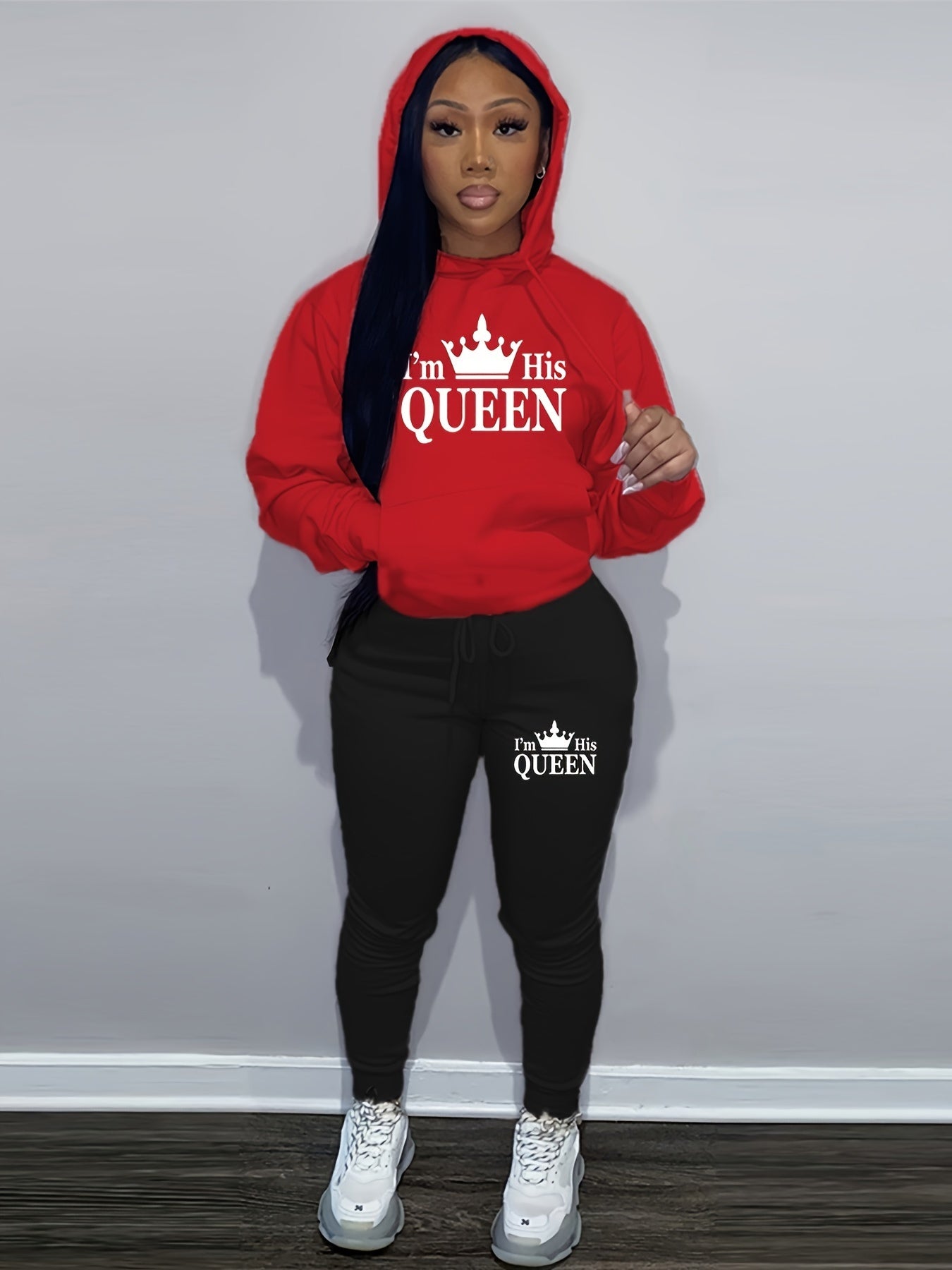 Crown & Letter Print Two-piece Set, Kangaroo Pocket Hoodie & Drawstring Pants Outfits, Women's Clothing