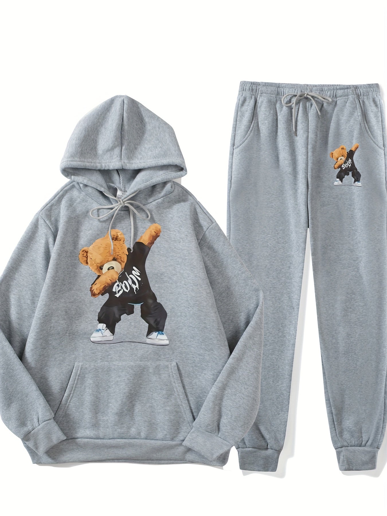 Stylish Teddy Bear Print, Men's 2Pcs Outfits, Casual Hoodies, Long Sleeve Pullover Hooded Sweatshirt and Sweatpants Joggers Set, Men's Clothing