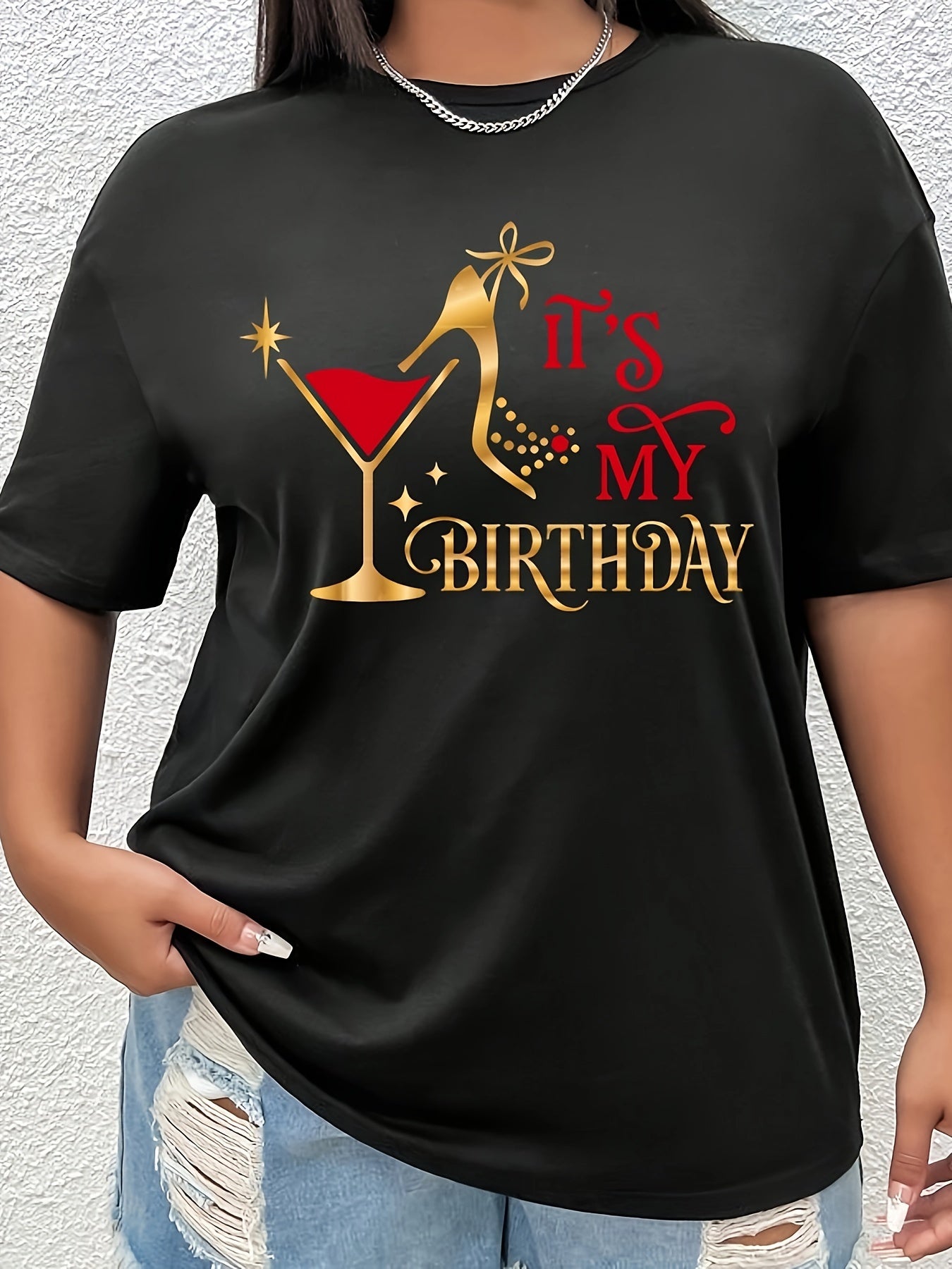 Birthday Letter Print, Crew Neck T-Shirt, Casual Short Sleeve T-Shirt, Women's Clothing