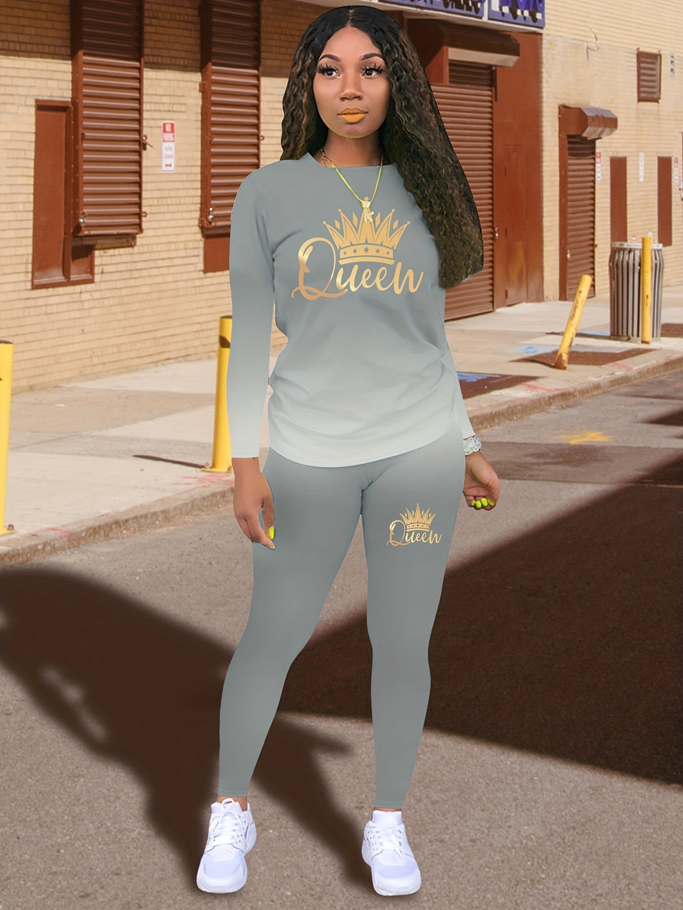 Queen Letter Print Two-piece Set, Crew Neck Long Sleeve Tops & Slim Pants Outfits, Women's Clothing