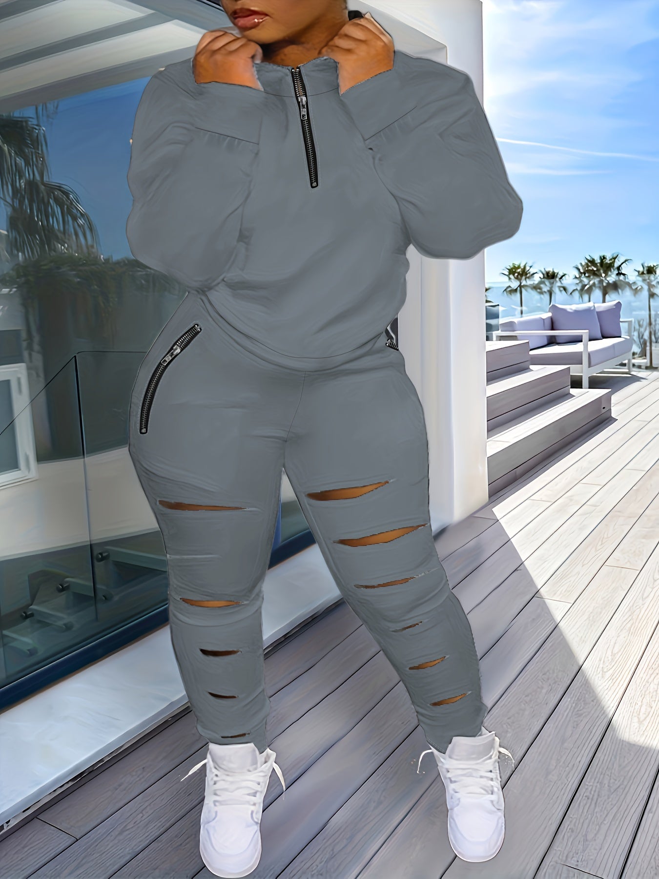 Plus Size Casual Outfit Set, Women's Plus, Solid Long Sleeve Half Zipper Sweatshirt & Ripped Pants, Outfits Two Piece Set